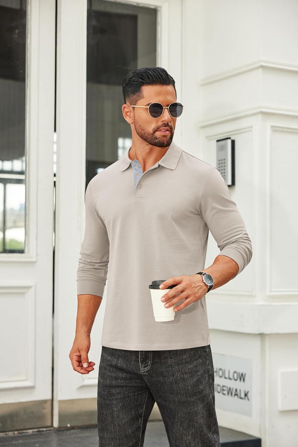 imageCOOFANDY Mens Long Sleeve Polo Shirts Cotton Collared Shirts Casual Business Polo Classic Golf T ShirtsLight Khaki
