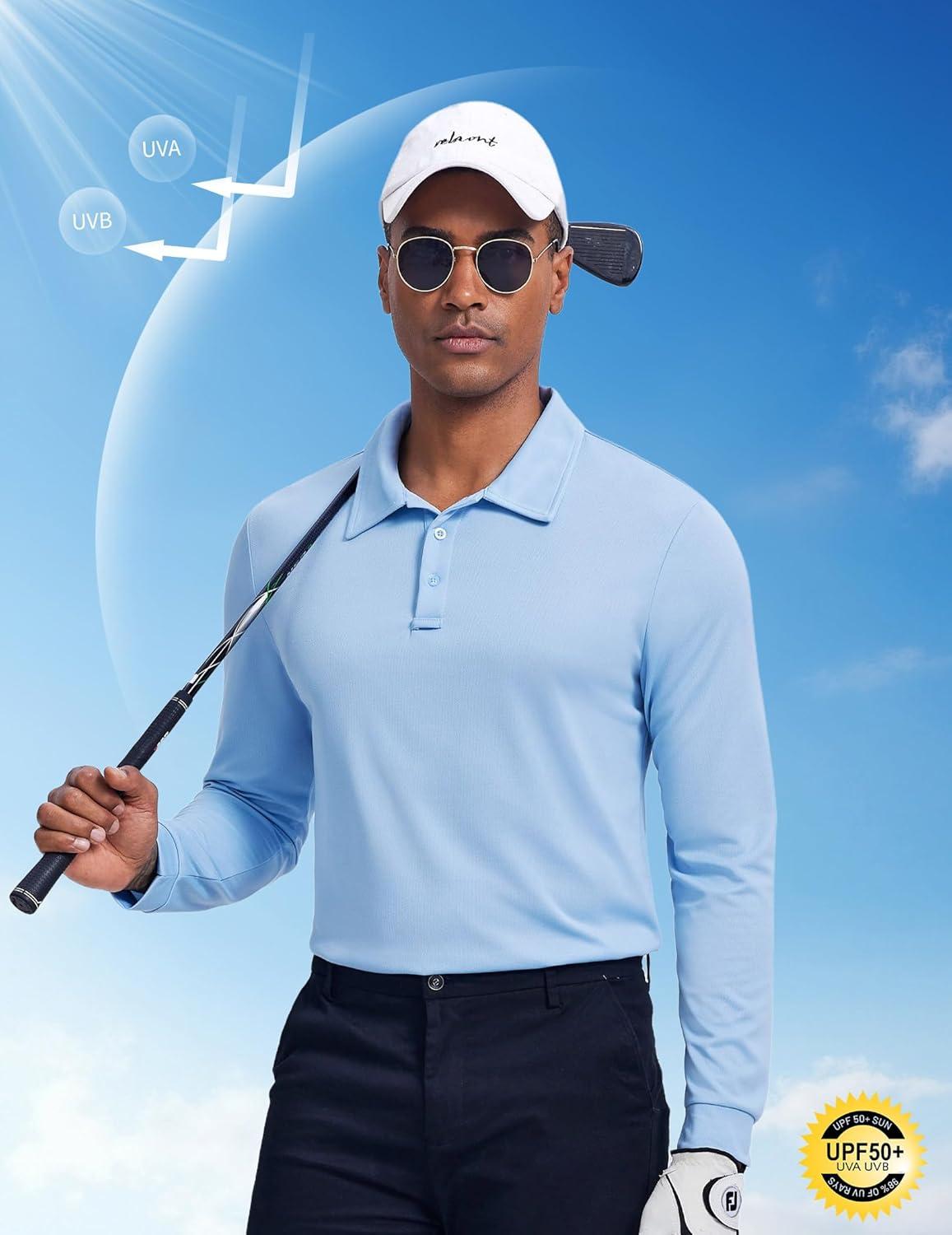 imageCOOFANDY Mens Polo Shirt Long Sleeve Moisture Wicking Sun Protection Quick Dry Golf Shirts Lightweight Collared Golf ShirtBlue