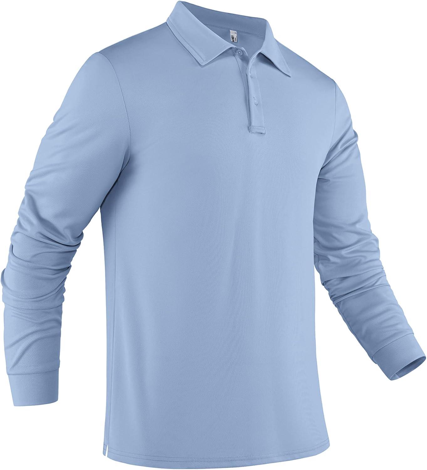 imageCOOFANDY Mens Polo Shirt Long Sleeve Moisture Wicking Sun Protection Quick Dry Golf Shirts Lightweight Collared Golf ShirtBlue