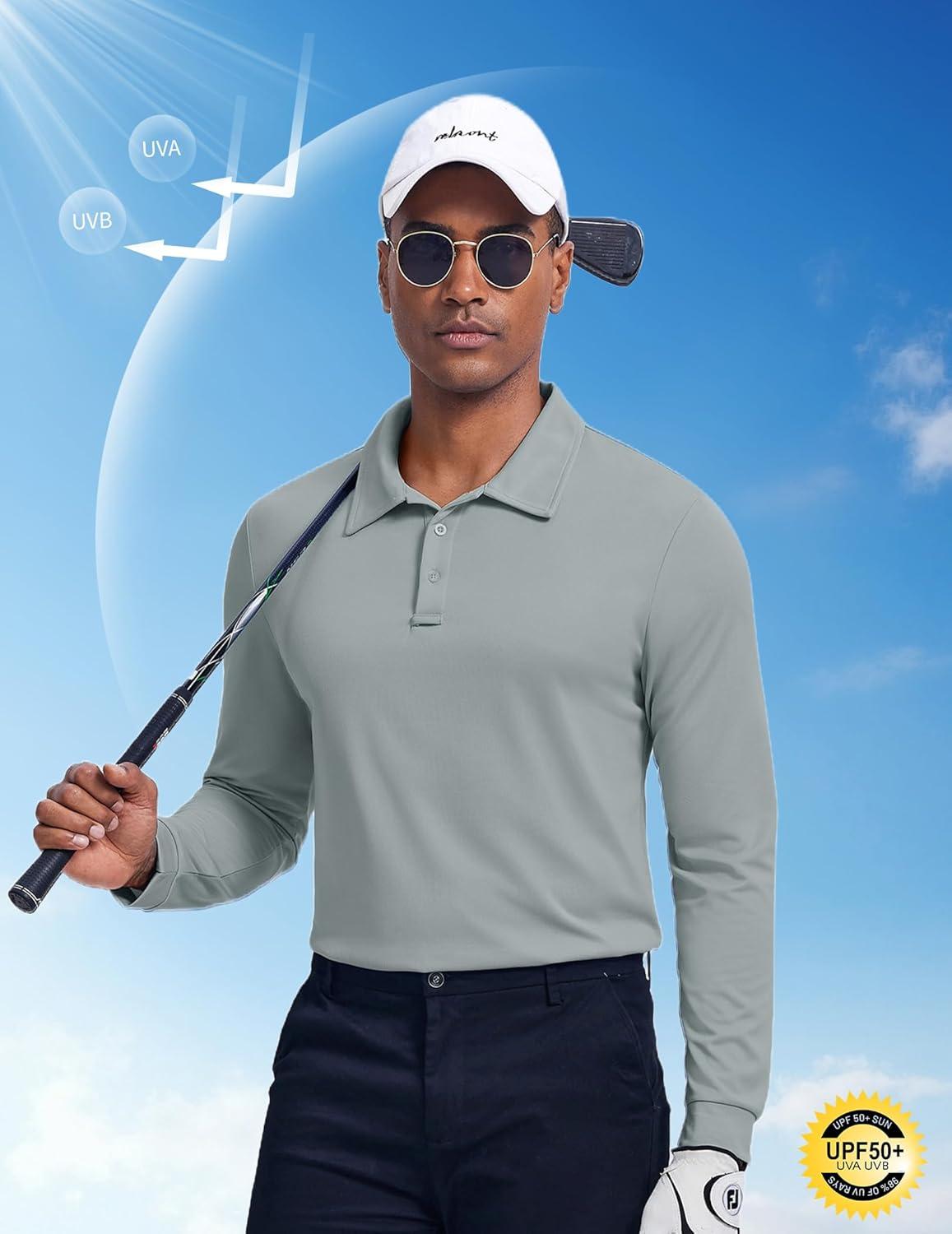 imageCOOFANDY Mens Polo Shirt Long Sleeve Moisture Wicking Sun Protection Quick Dry Golf Shirts Lightweight Collared Golf ShirtLight Grey