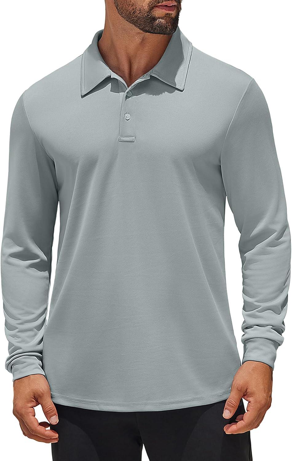 imageCOOFANDY Mens Polo Shirt Long Sleeve Moisture Wicking Sun Protection Quick Dry Golf Shirts Lightweight Collared Golf ShirtLight Grey