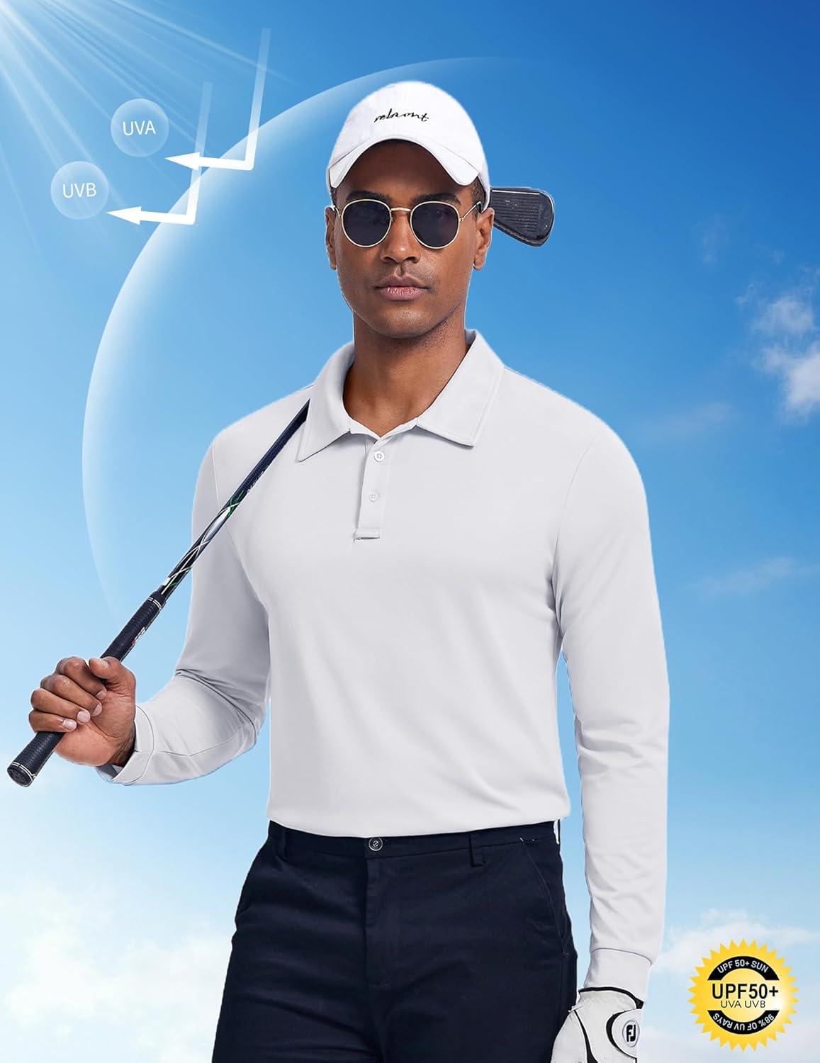 imageCOOFANDY Mens Polo Shirt Long Sleeve Moisture Wicking Sun Protection Quick Dry Golf Shirts Lightweight Collared Golf ShirtWhite