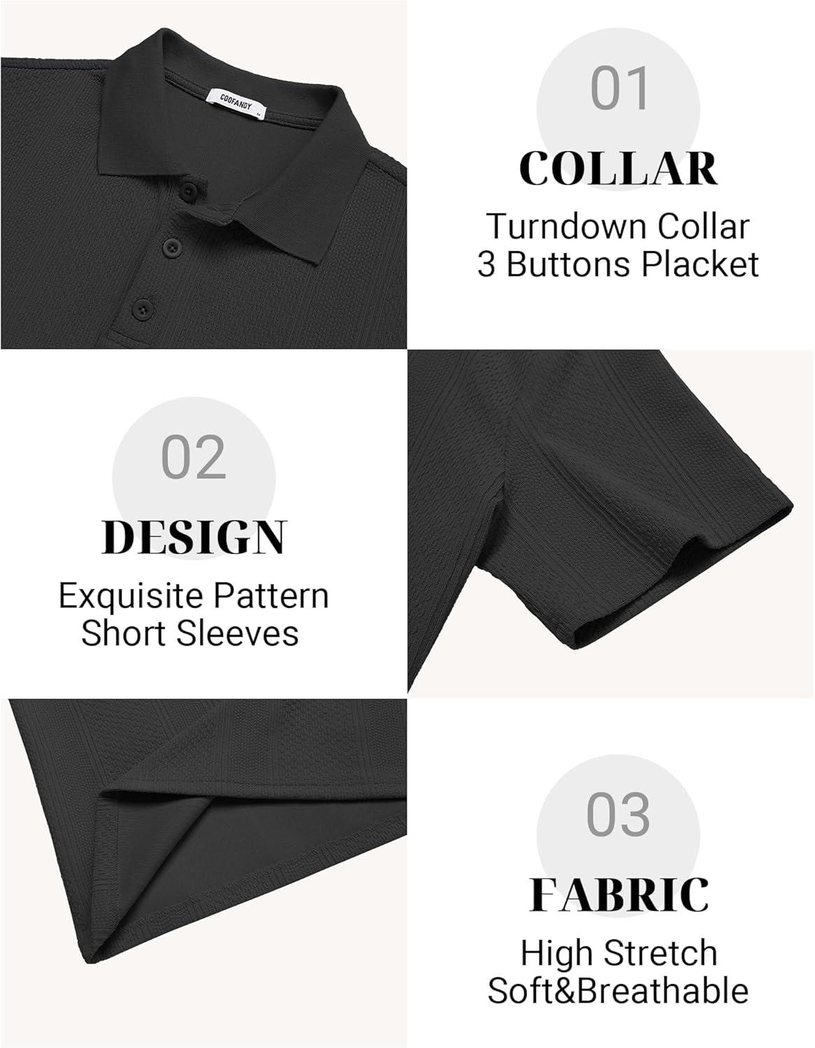 imageCOOFANDY Mens Polo Shirts Short Sleeve Casual Knit Textured Polo Shirt Summer Collared TShirt01black