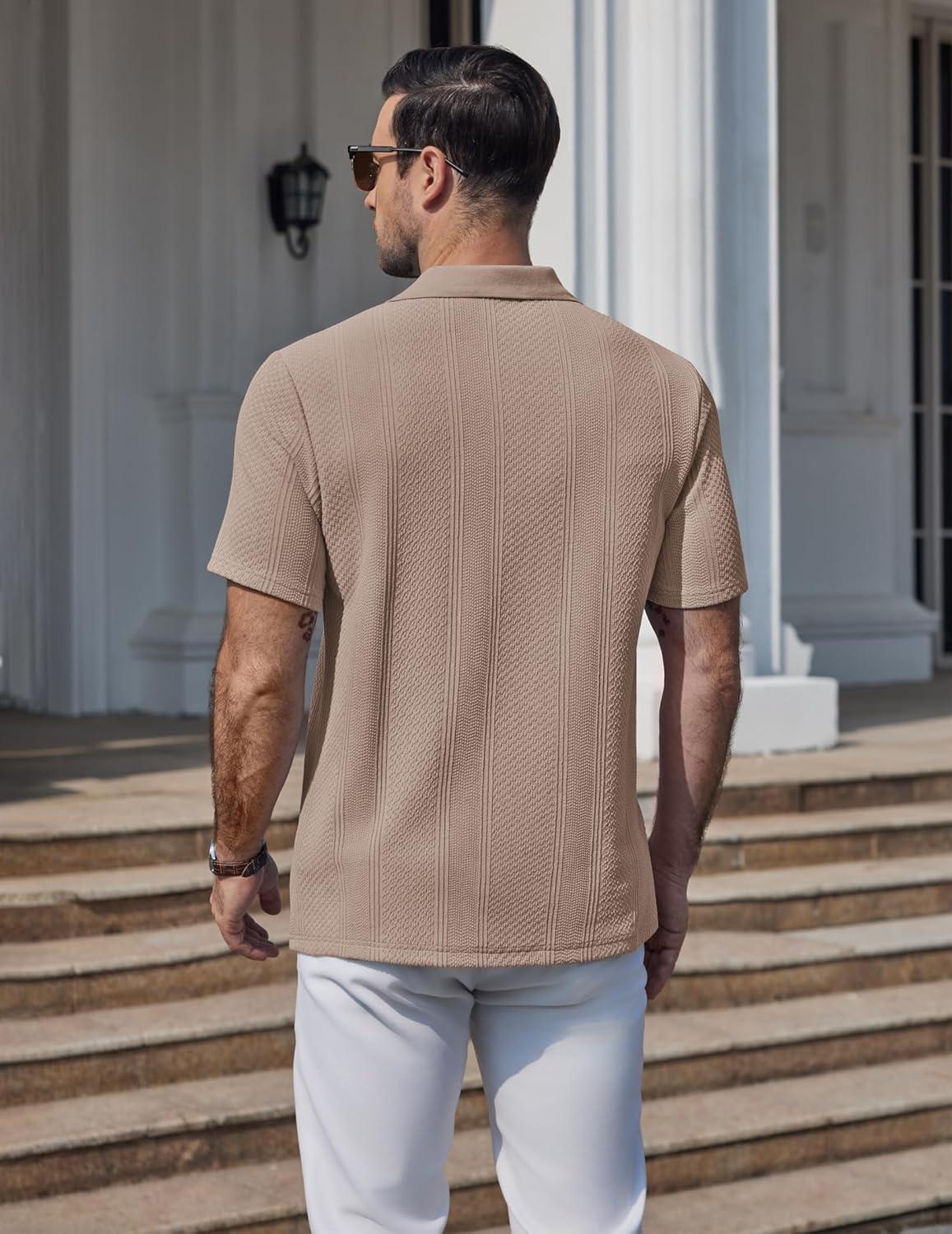imageCOOFANDY Mens Polo Shirts Short Sleeve Casual Knit Textured Polo Shirt Summer Collared TShirtKhaki