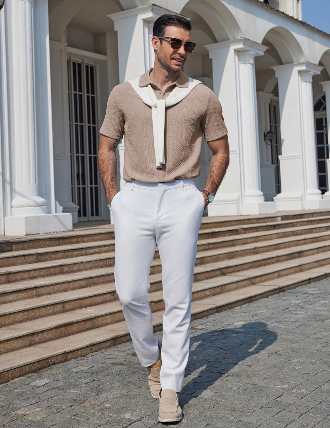 imageCOOFANDY Mens Polo Shirts Short Sleeve Casual Knit Textured Polo Shirt Summer Collared TShirtKhaki