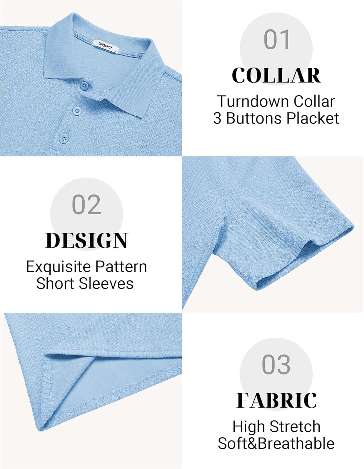 imageCOOFANDY Mens Polo Shirts Short Sleeve Casual Knit Textured Polo Shirt Summer Collared TShirtLight Blue