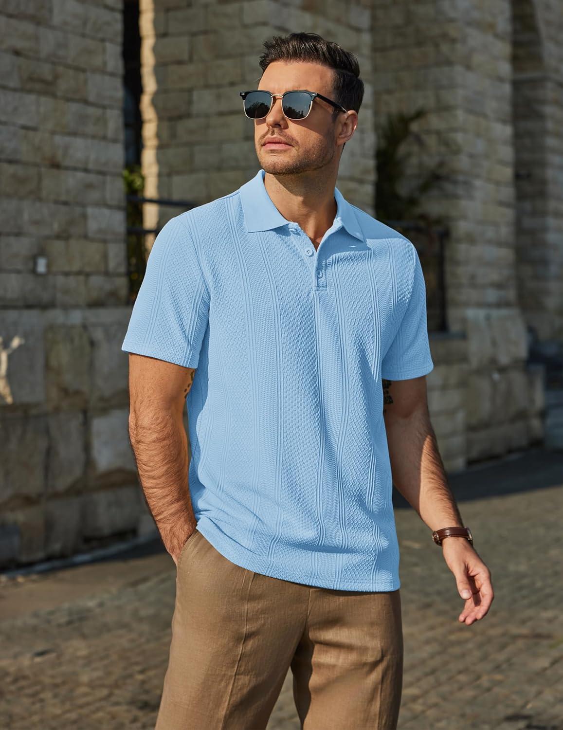 imageCOOFANDY Mens Polo Shirts Short Sleeve Casual Knit Textured Polo Shirt Summer Collared TShirtLight Blue