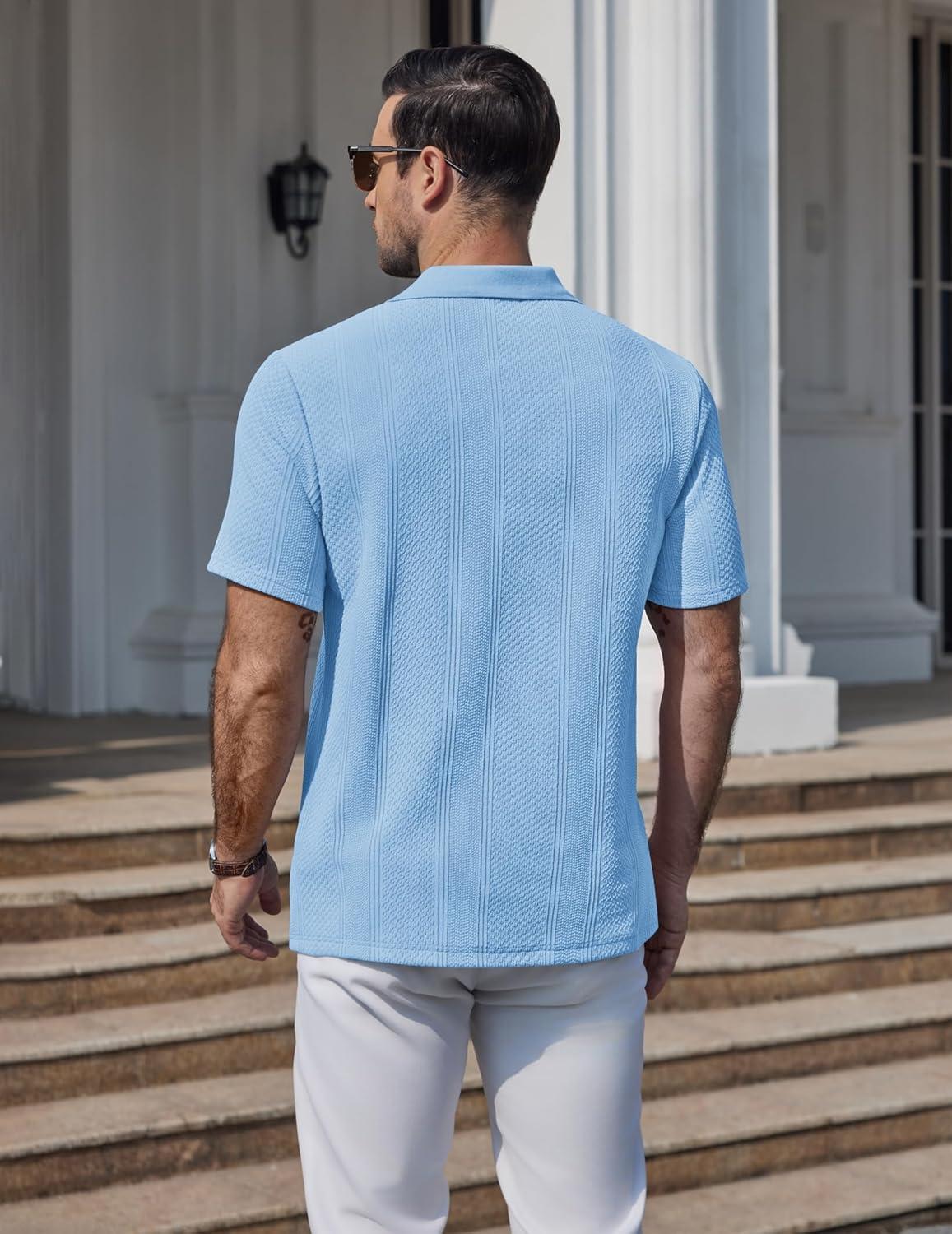 imageCOOFANDY Mens Polo Shirts Short Sleeve Casual Knit Textured Polo Shirt Summer Collared TShirtLight Blue