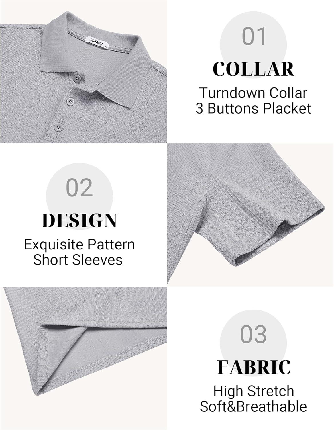 imageCOOFANDY Mens Polo Shirts Short Sleeve Casual Knit Textured Polo Shirt Summer Collared TShirtLight Grey