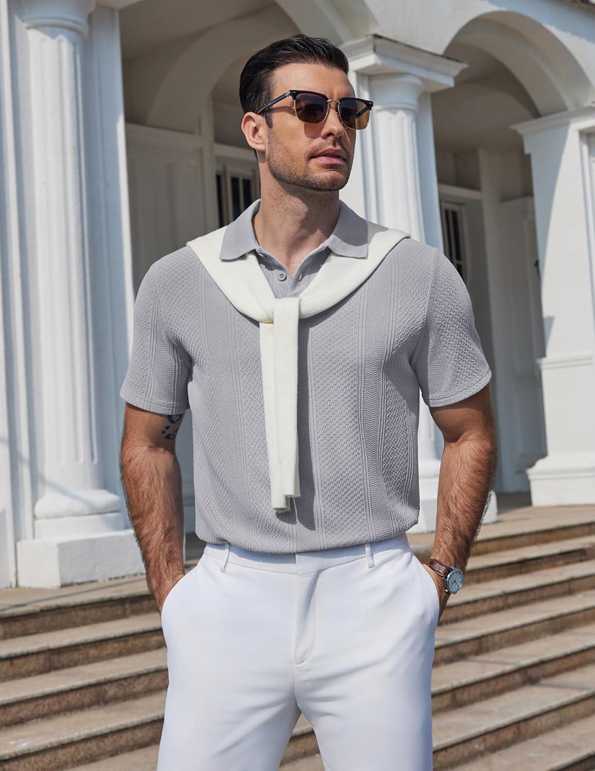imageCOOFANDY Mens Polo Shirts Short Sleeve Casual Knit Textured Polo Shirt Summer Collared TShirtLight Grey