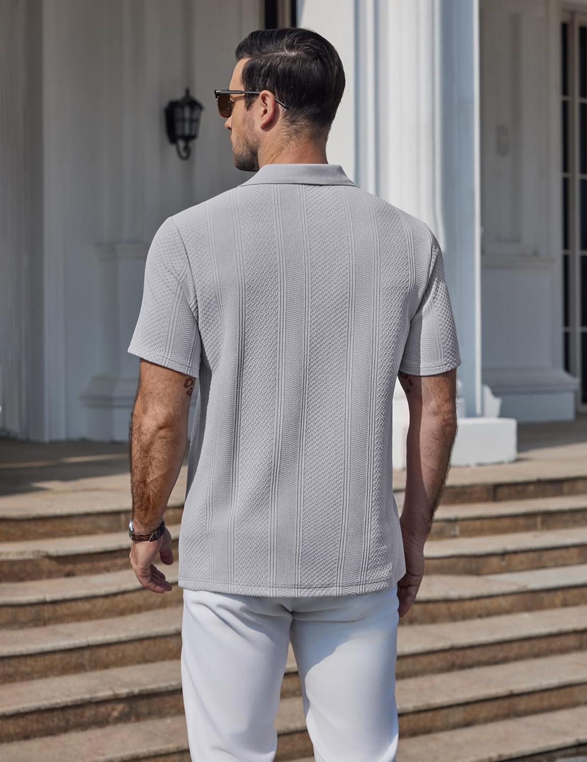 imageCOOFANDY Mens Polo Shirts Short Sleeve Casual Knit Textured Polo Shirt Summer Collared TShirtLight Grey