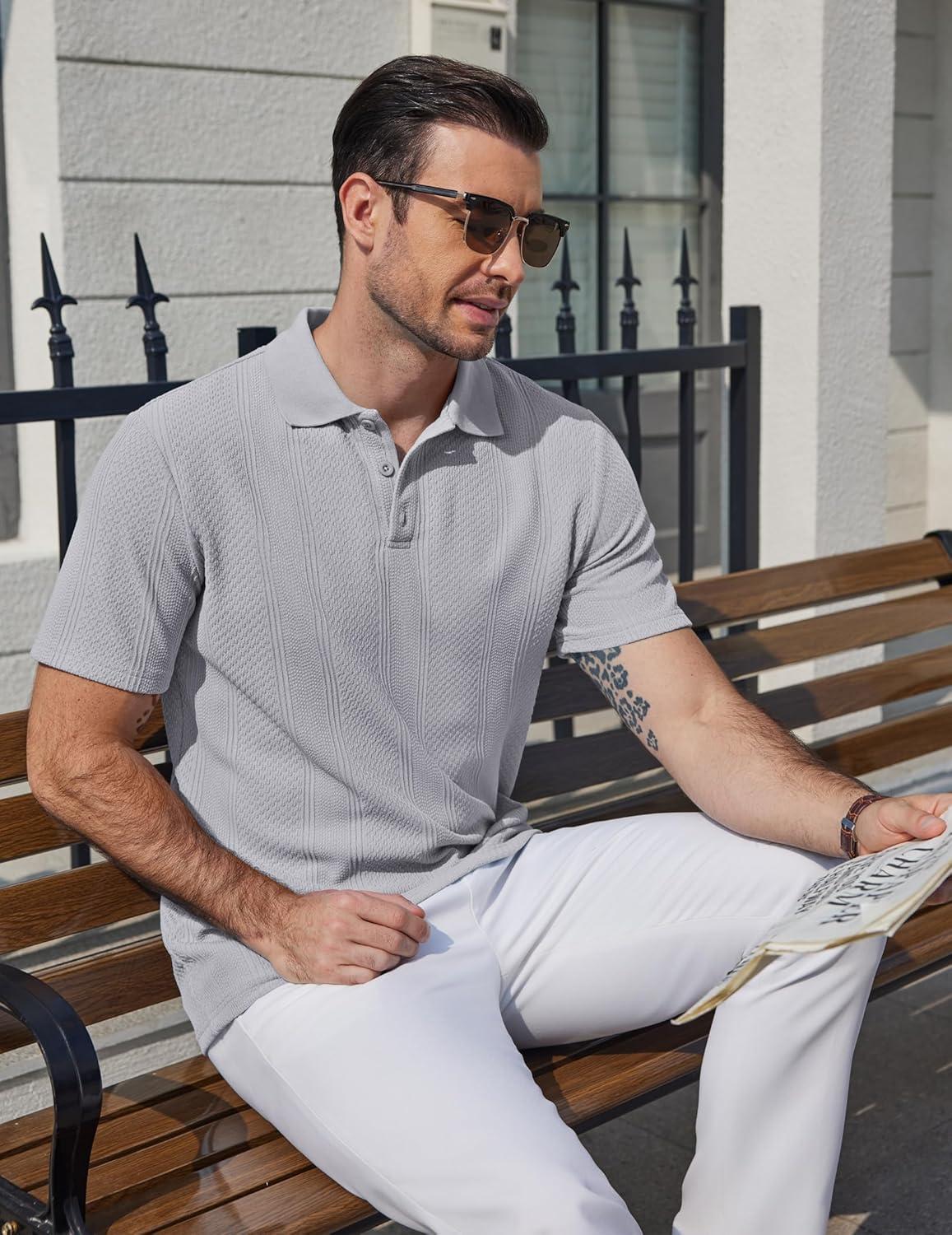 imageCOOFANDY Mens Polo Shirts Short Sleeve Casual Knit Textured Polo Shirt Summer Collared TShirtLight Grey