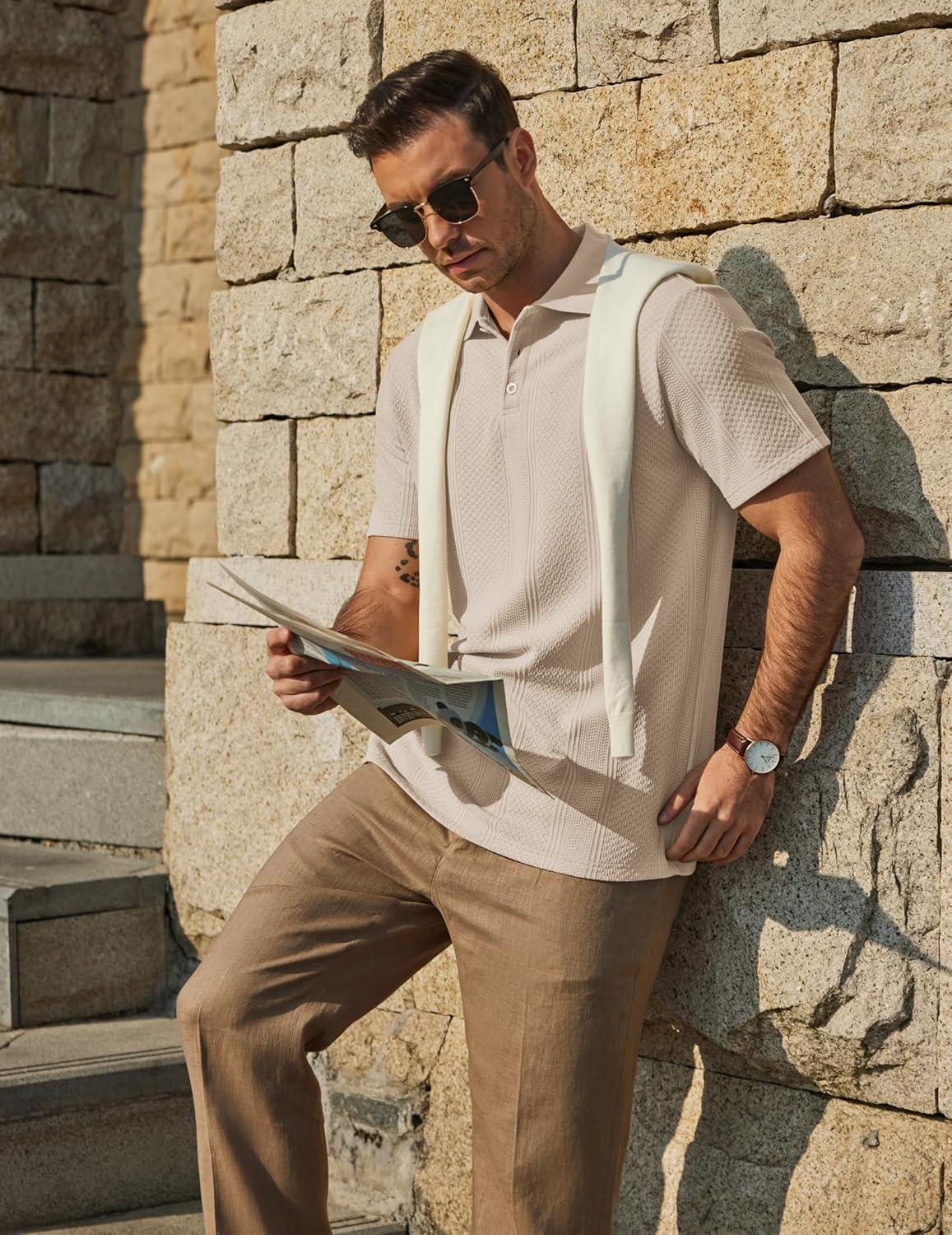 imageCOOFANDY Mens Polo Shirts Short Sleeve Casual Knit Textured Polo Shirt Summer Collared TShirtLight Khaki