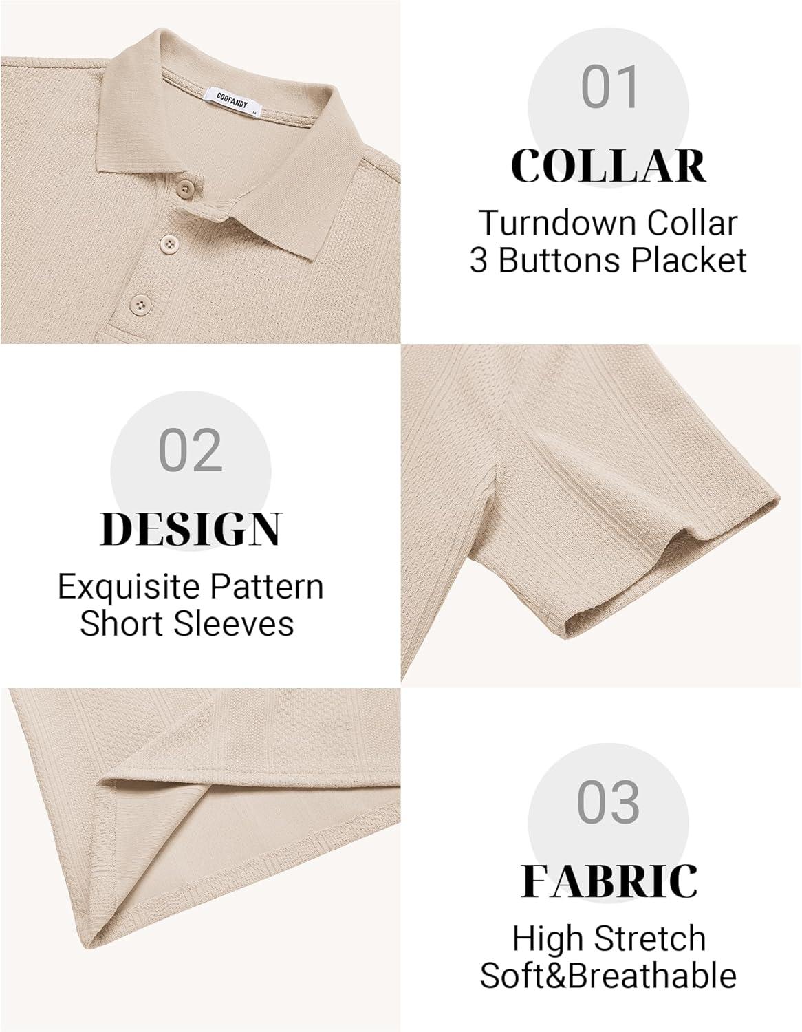 imageCOOFANDY Mens Polo Shirts Short Sleeve Casual Knit Textured Polo Shirt Summer Collared TShirtLight Khaki