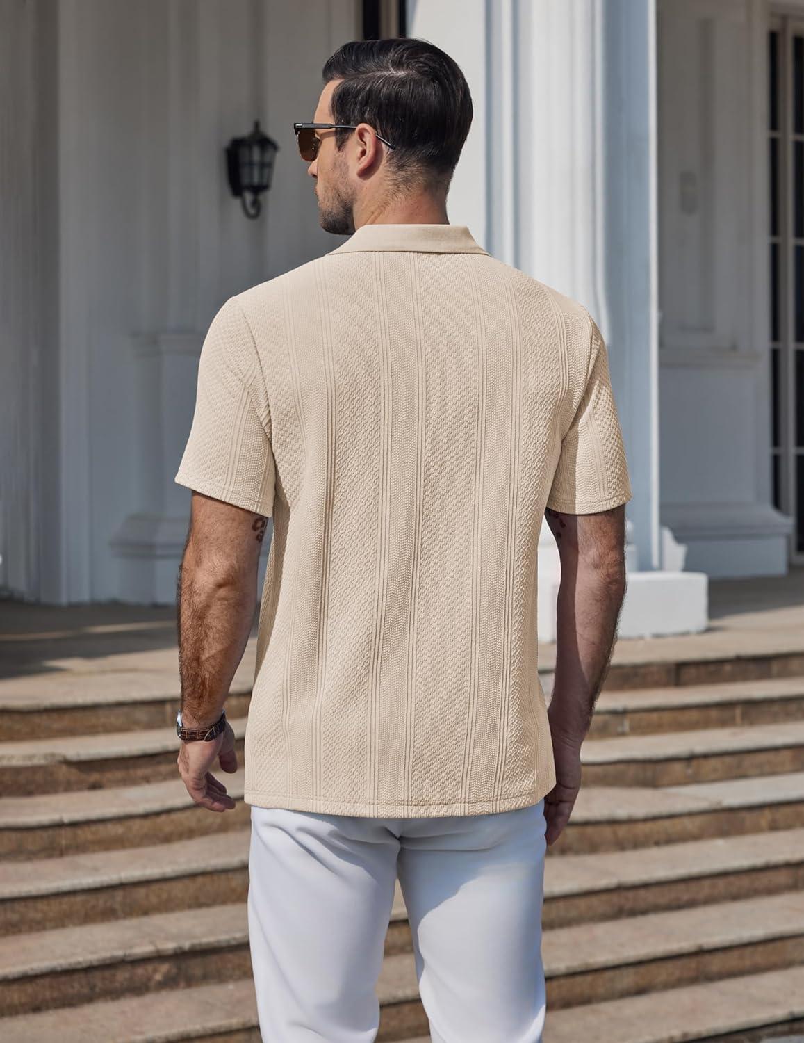 imageCOOFANDY Mens Polo Shirts Short Sleeve Casual Knit Textured Polo Shirt Summer Collared TShirtLight Khaki