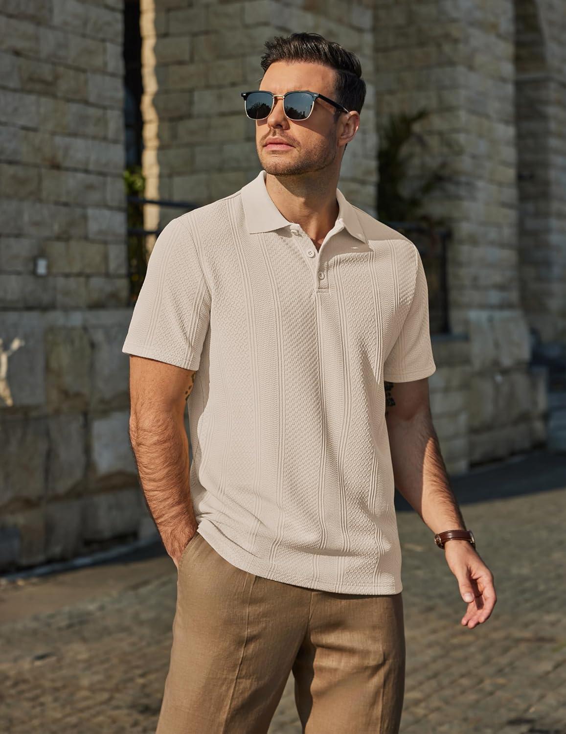 imageCOOFANDY Mens Polo Shirts Short Sleeve Casual Knit Textured Polo Shirt Summer Collared TShirtLight Khaki