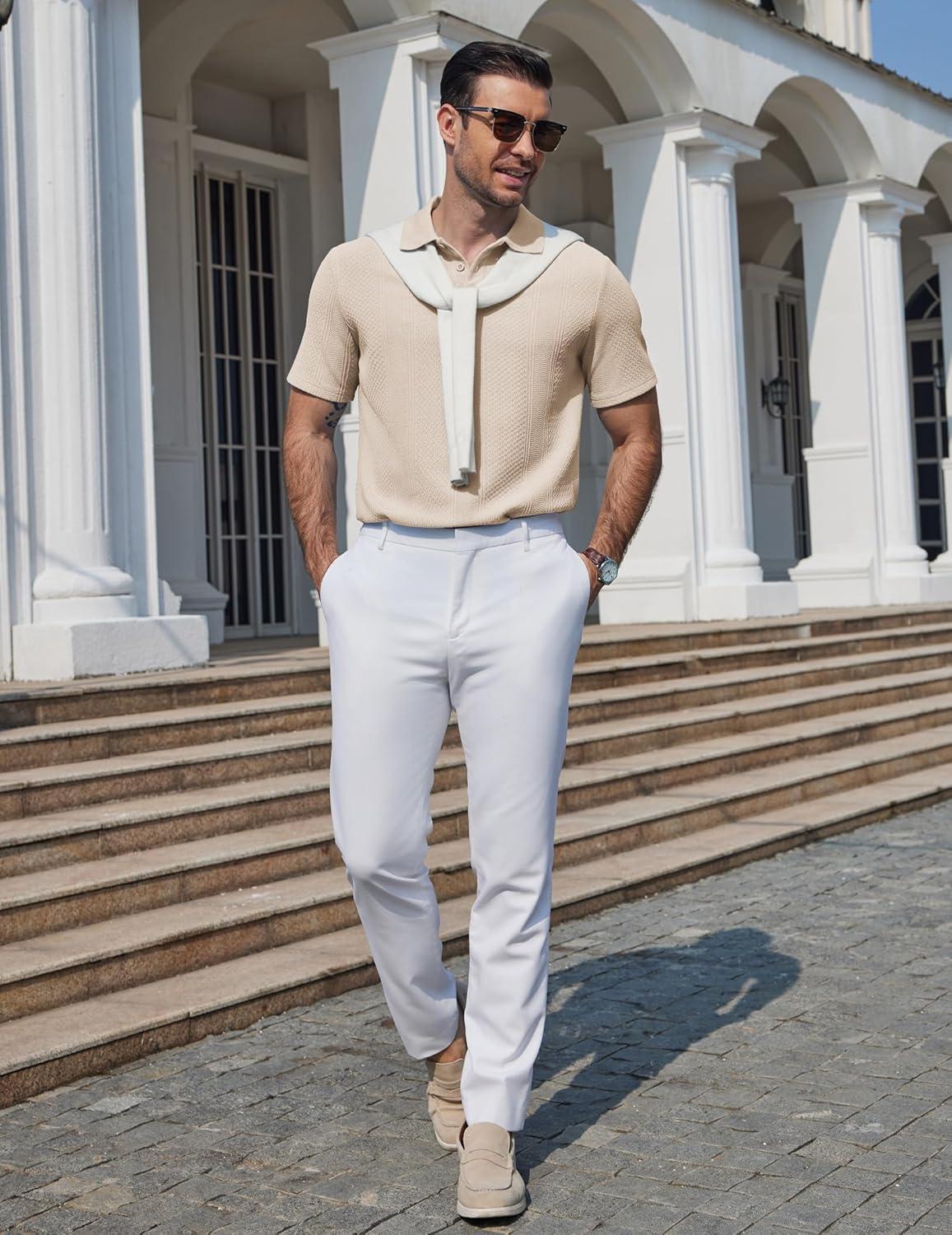 imageCOOFANDY Mens Polo Shirts Short Sleeve Casual Knit Textured Polo Shirt Summer Collared TShirtLight Khaki