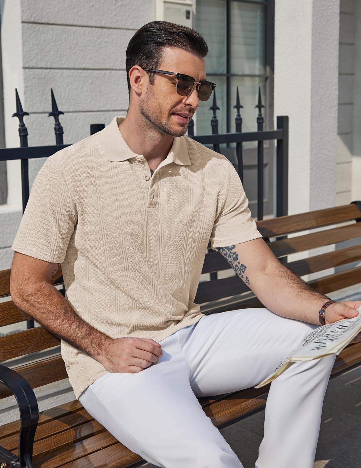 imageCOOFANDY Mens Polo Shirts Short Sleeve Casual Knit Textured Polo Shirt Summer Collared TShirtLight Khaki