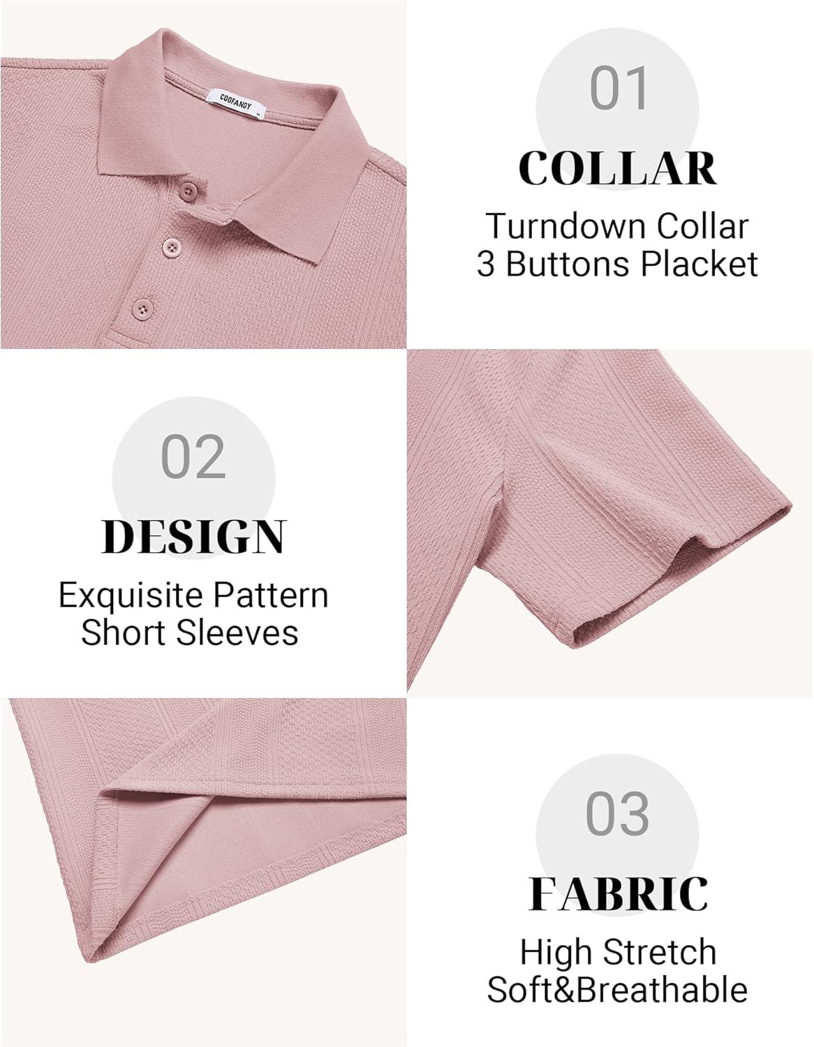 imageCOOFANDY Mens Polo Shirts Short Sleeve Casual Knit Textured Polo Shirt Summer Collared TShirtPink