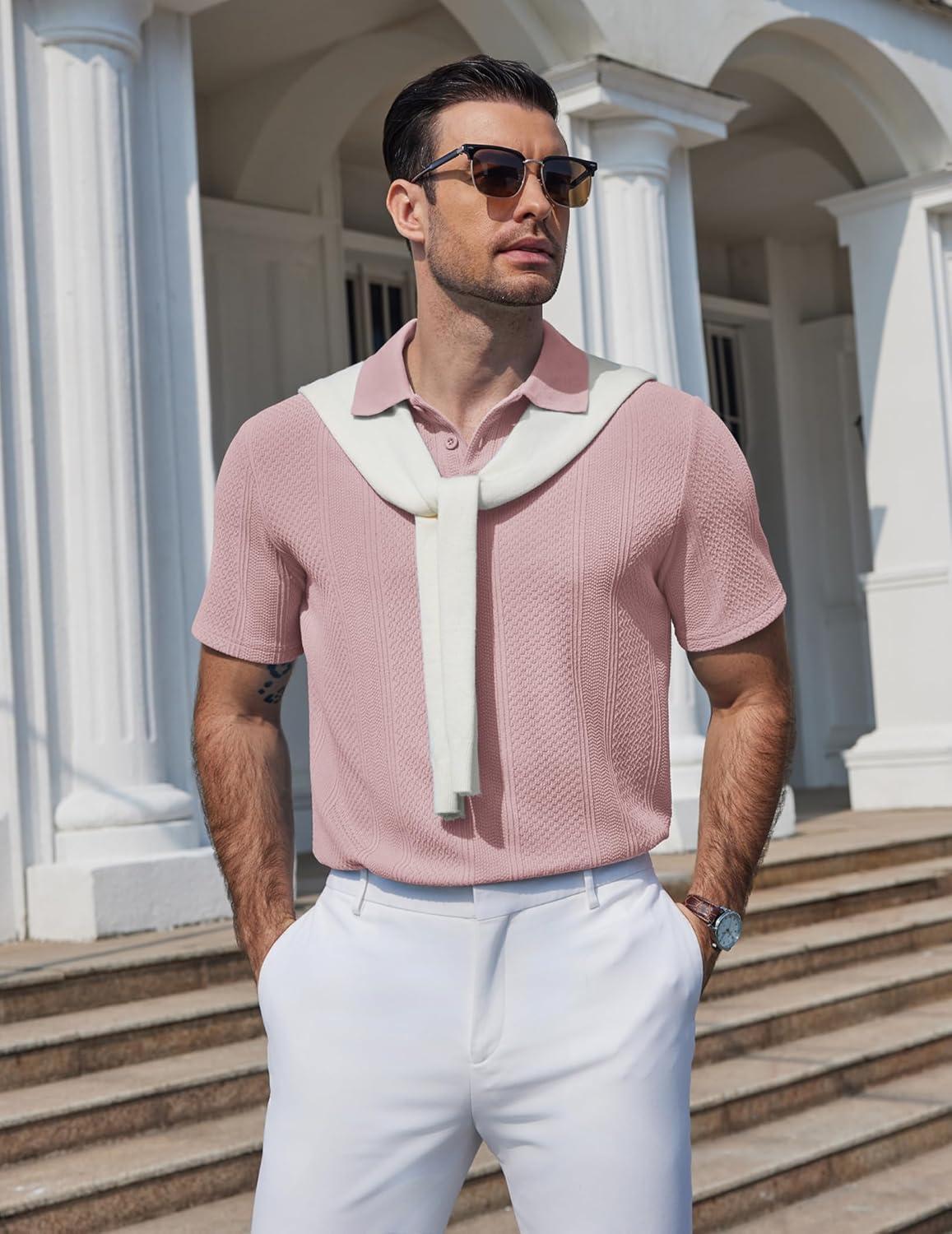 imageCOOFANDY Mens Polo Shirts Short Sleeve Casual Knit Textured Polo Shirt Summer Collared TShirtPink