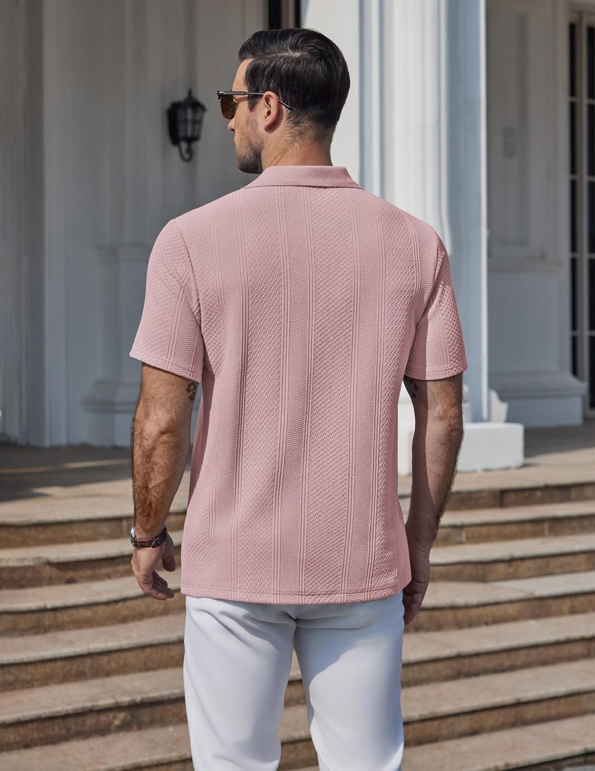 imageCOOFANDY Mens Polo Shirts Short Sleeve Casual Knit Textured Polo Shirt Summer Collared TShirtPink