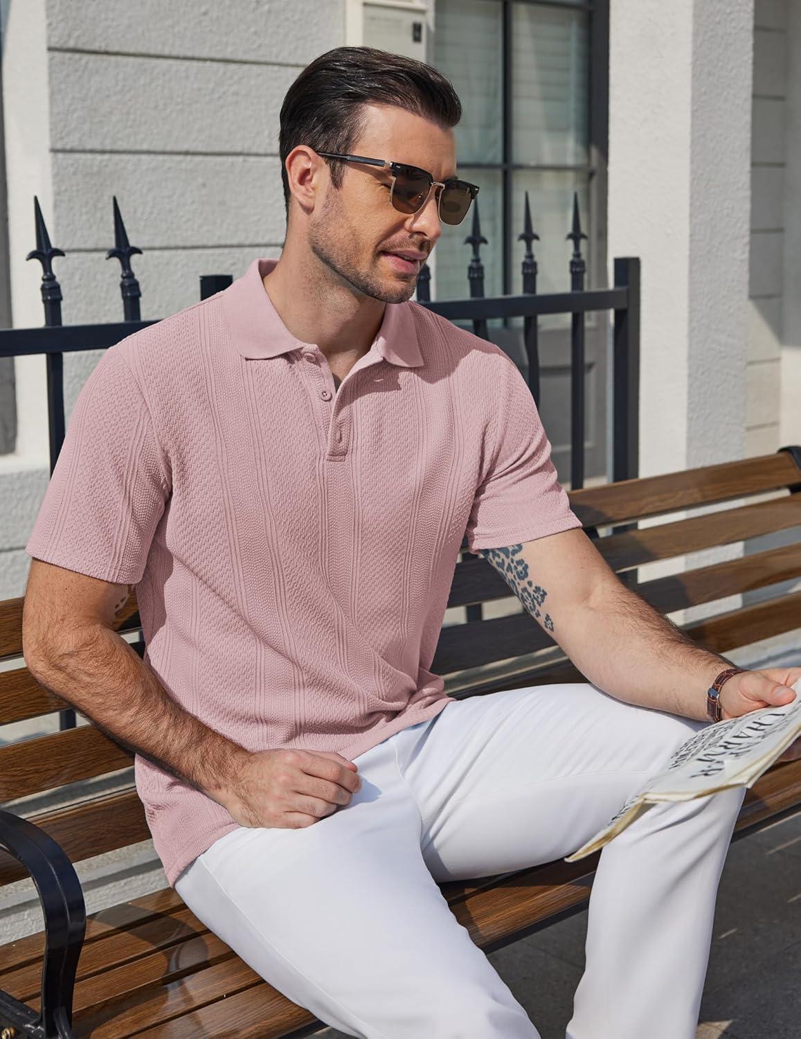 imageCOOFANDY Mens Polo Shirts Short Sleeve Casual Knit Textured Polo Shirt Summer Collared TShirtPink