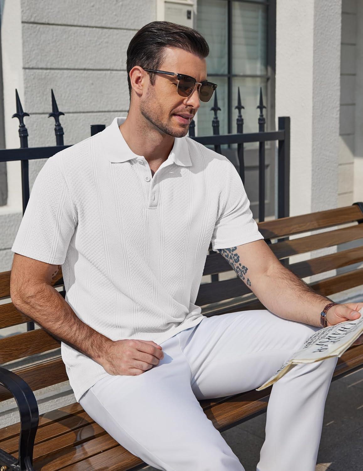 imageCOOFANDY Mens Polo Shirts Short Sleeve Casual Knit Textured Polo Shirt Summer Collared TShirtWhite