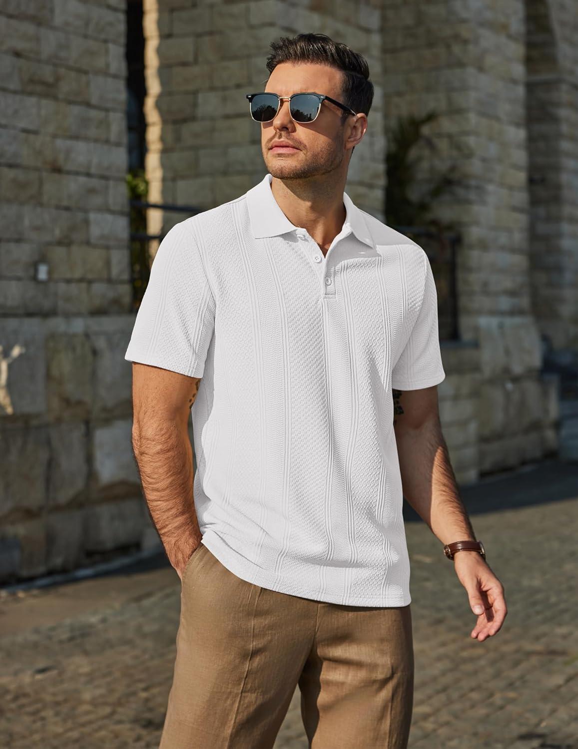 imageCOOFANDY Mens Polo Shirts Short Sleeve Casual Knit Textured Polo Shirt Summer Collared TShirtWhite