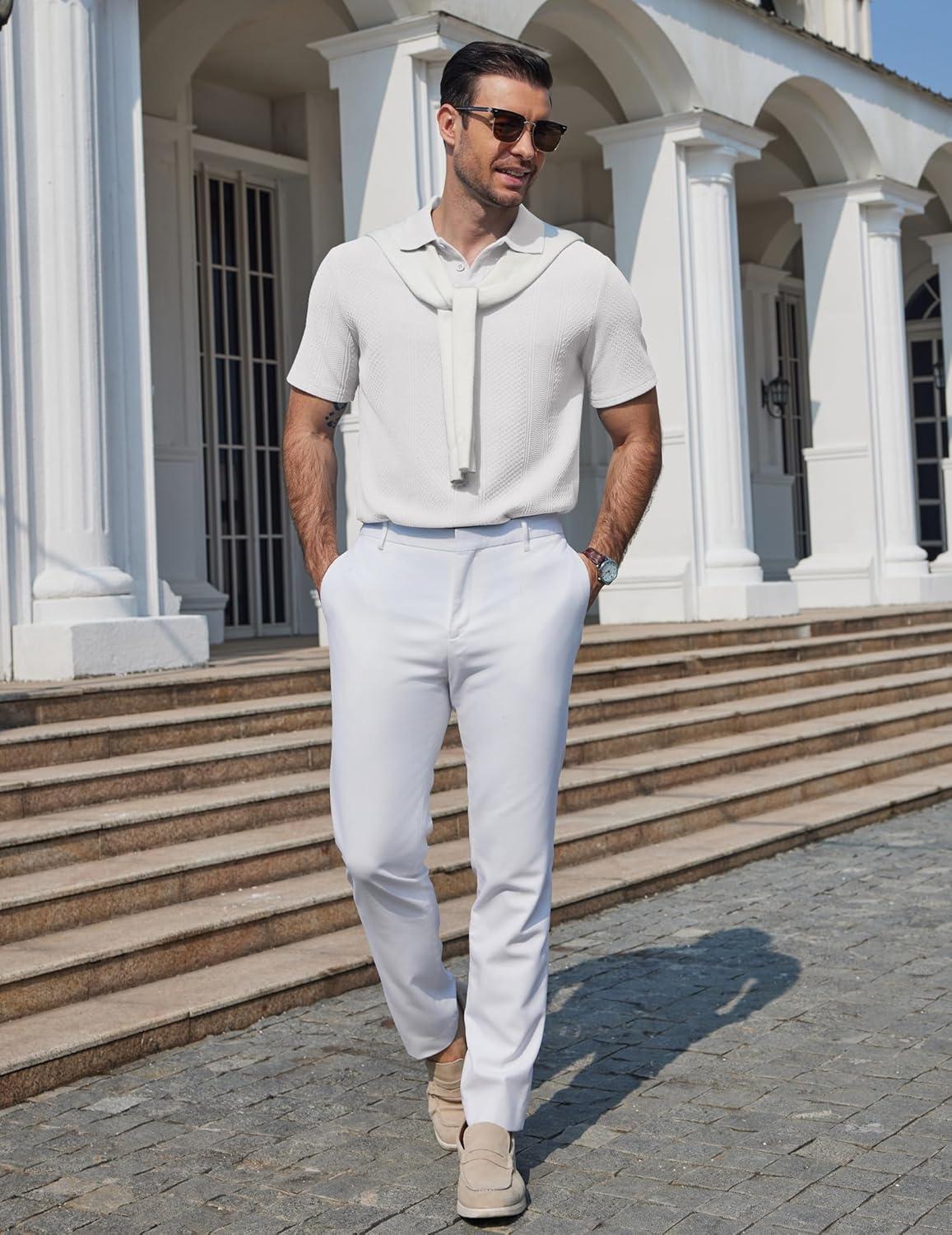 imageCOOFANDY Mens Polo Shirts Short Sleeve Casual Knit Textured Polo Shirt Summer Collared TShirtWhite