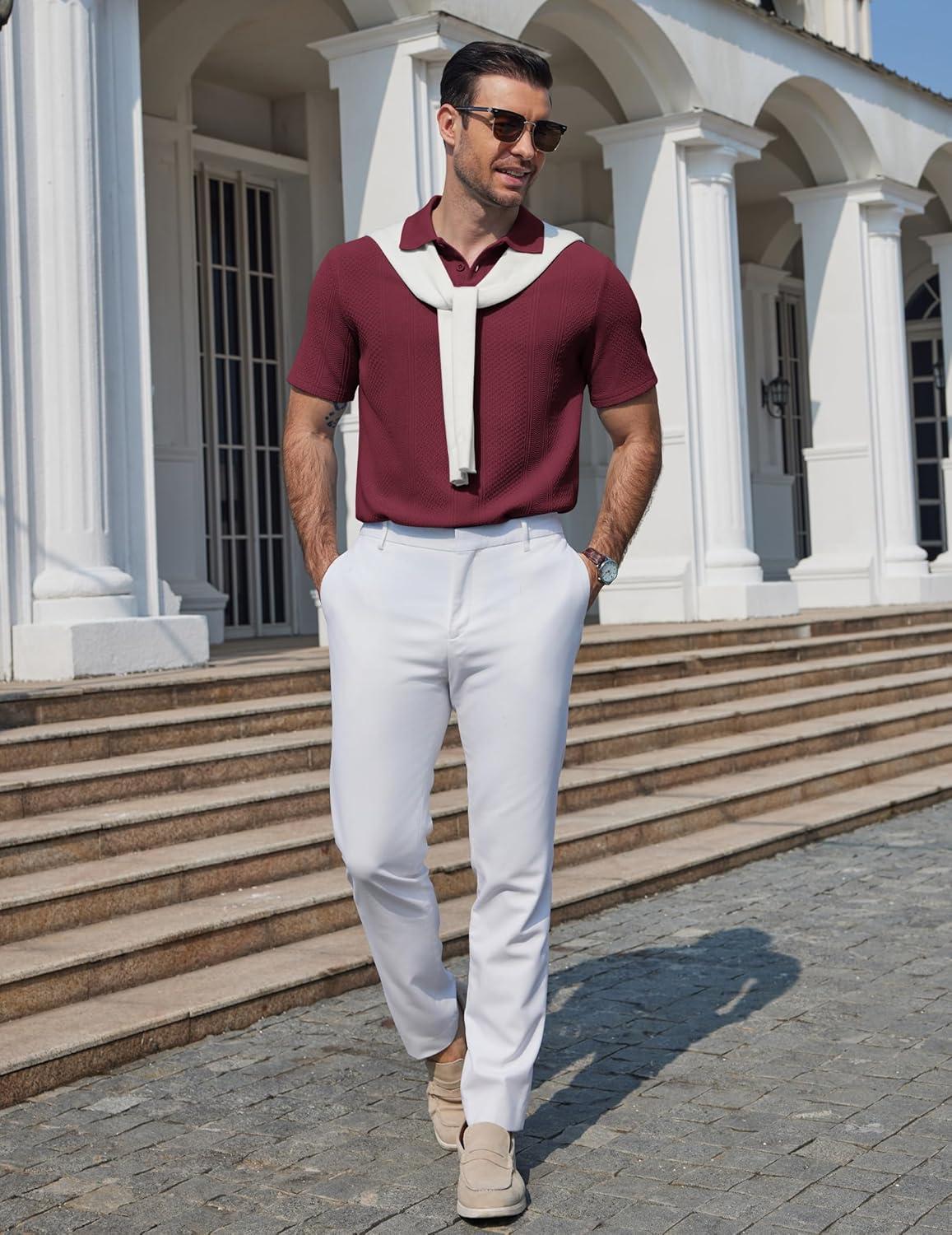 imageCOOFANDY Mens Polo Shirts Short Sleeve Casual Knit Textured Polo Shirt Summer Collared TShirtWine Red