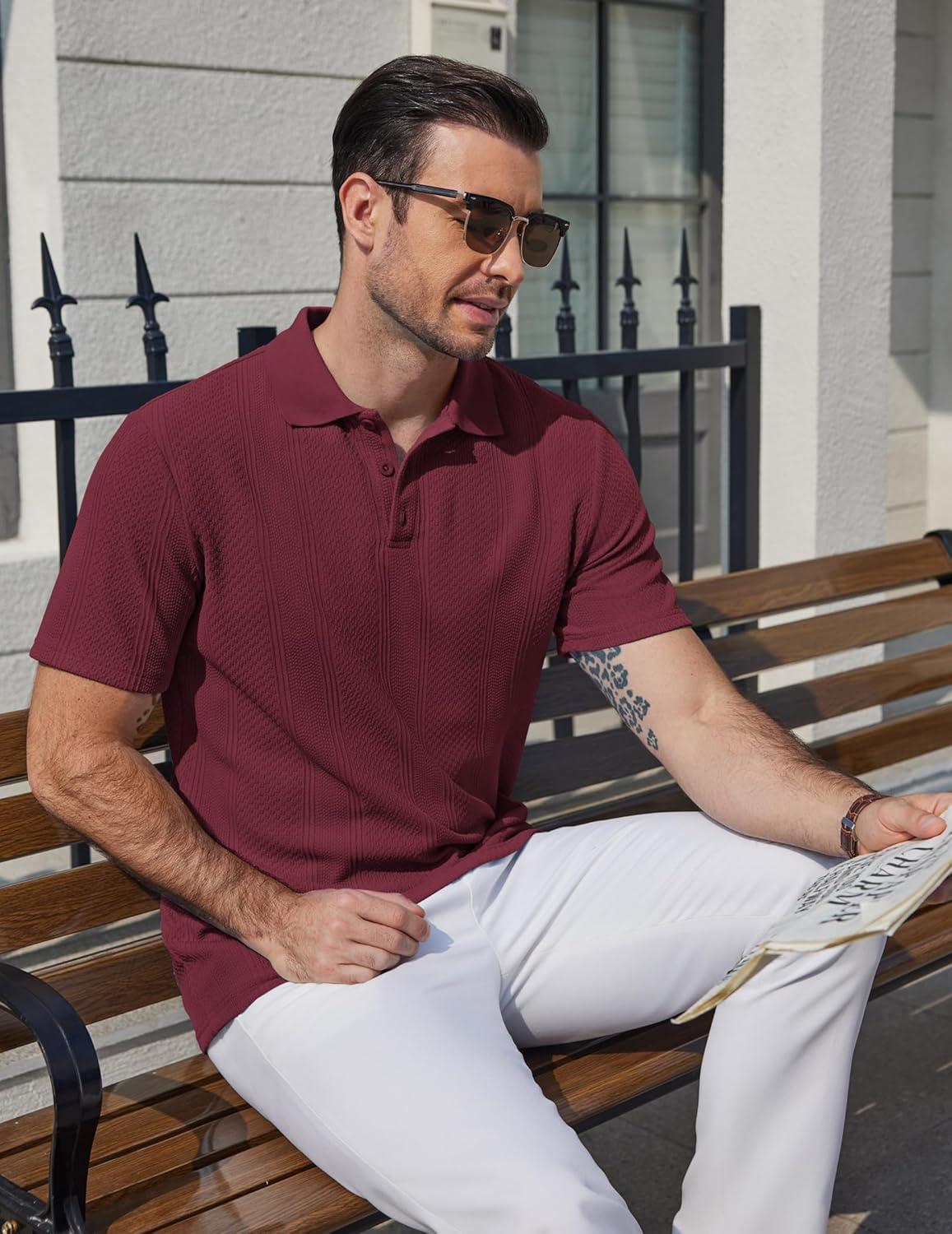 imageCOOFANDY Mens Polo Shirts Short Sleeve Casual Knit Textured Polo Shirt Summer Collared TShirtWine Red