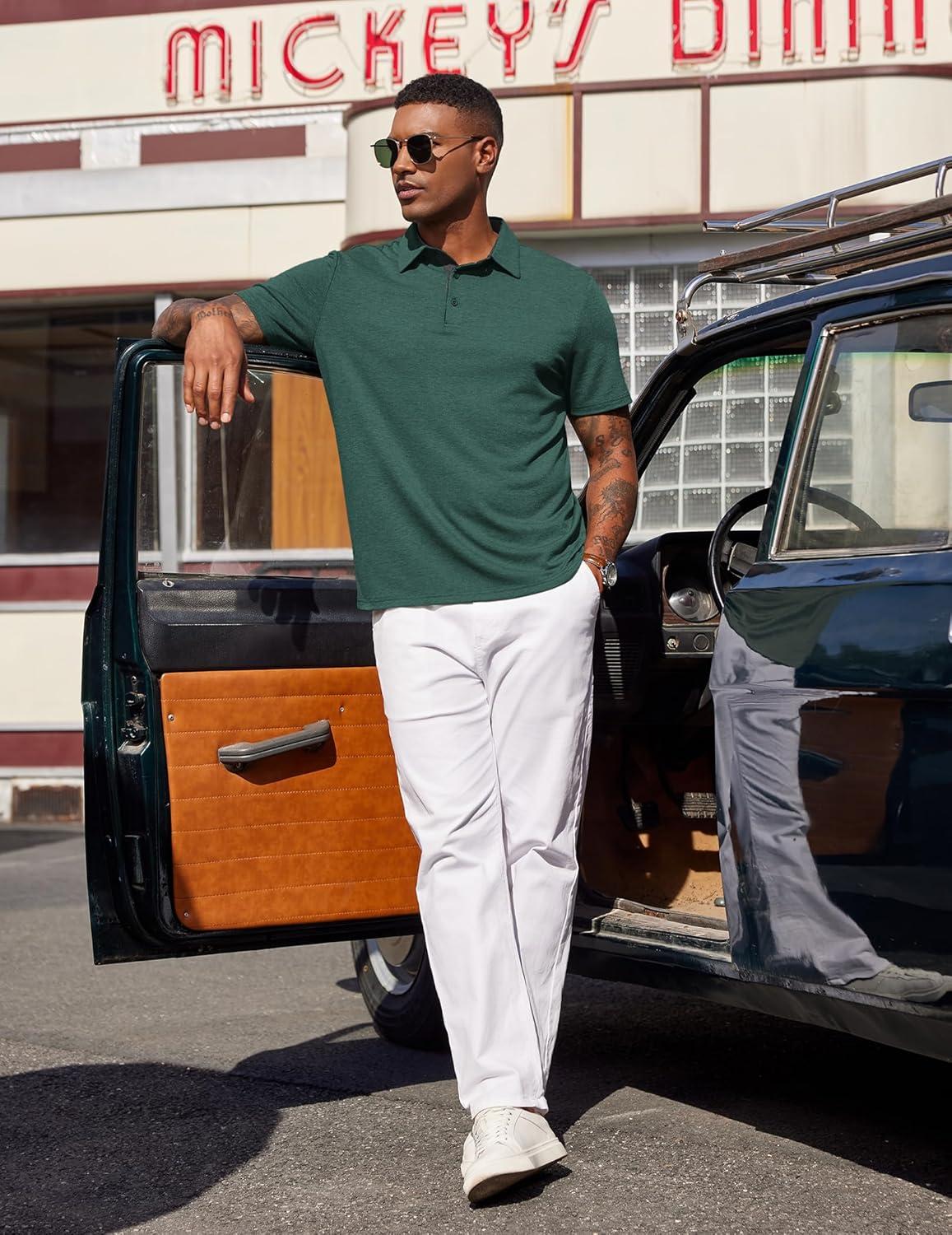 imageCOOFANDY Mens Polo Shirts Short Sleeve Casual Summer Polo Tee Classic Collared Golf Stylish TopsGreen