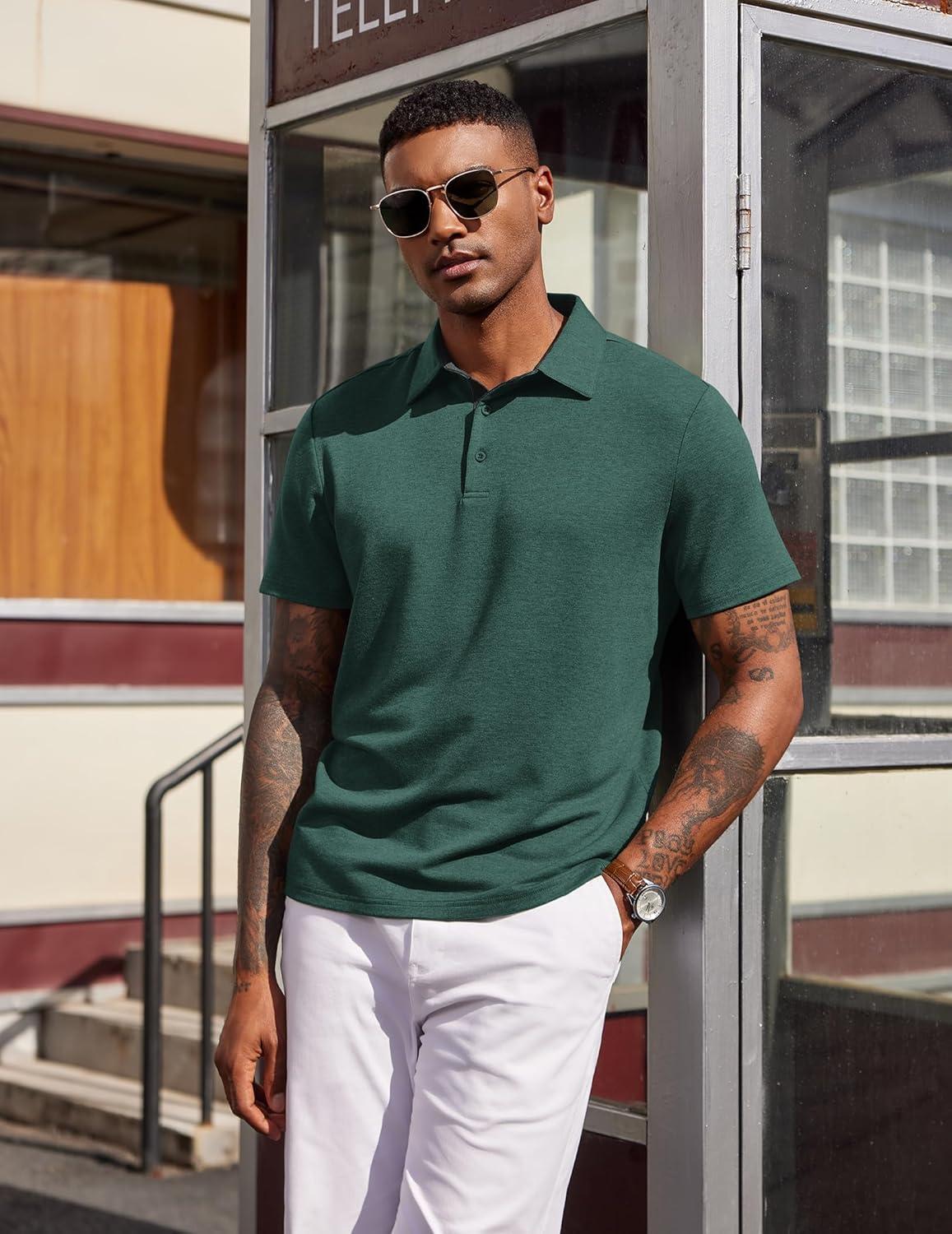 imageCOOFANDY Mens Polo Shirts Short Sleeve Casual Summer Polo Tee Classic Collared Golf Stylish TopsGreen