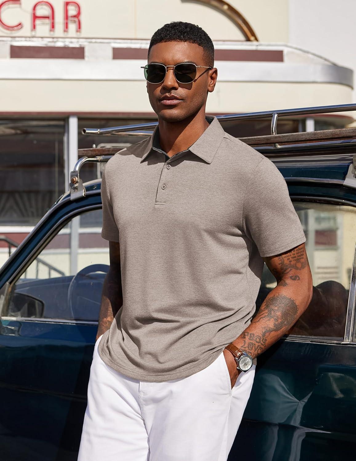 imageCOOFANDY Mens Polo Shirts Short Sleeve Casual Summer Polo Tee Classic Collared Golf Stylish TopsKhaki