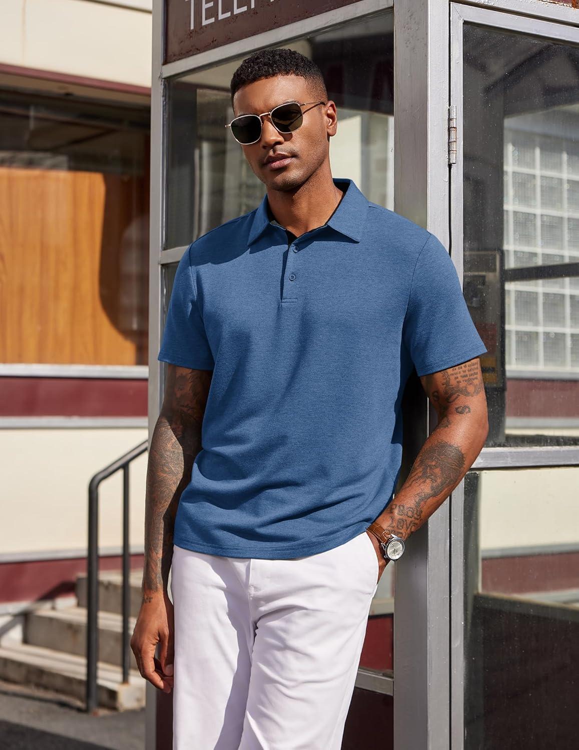 imageCOOFANDY Mens Polo Shirts Short Sleeve Casual Summer Polo Tee Classic Collared Golf Stylish TopsNavy Blue