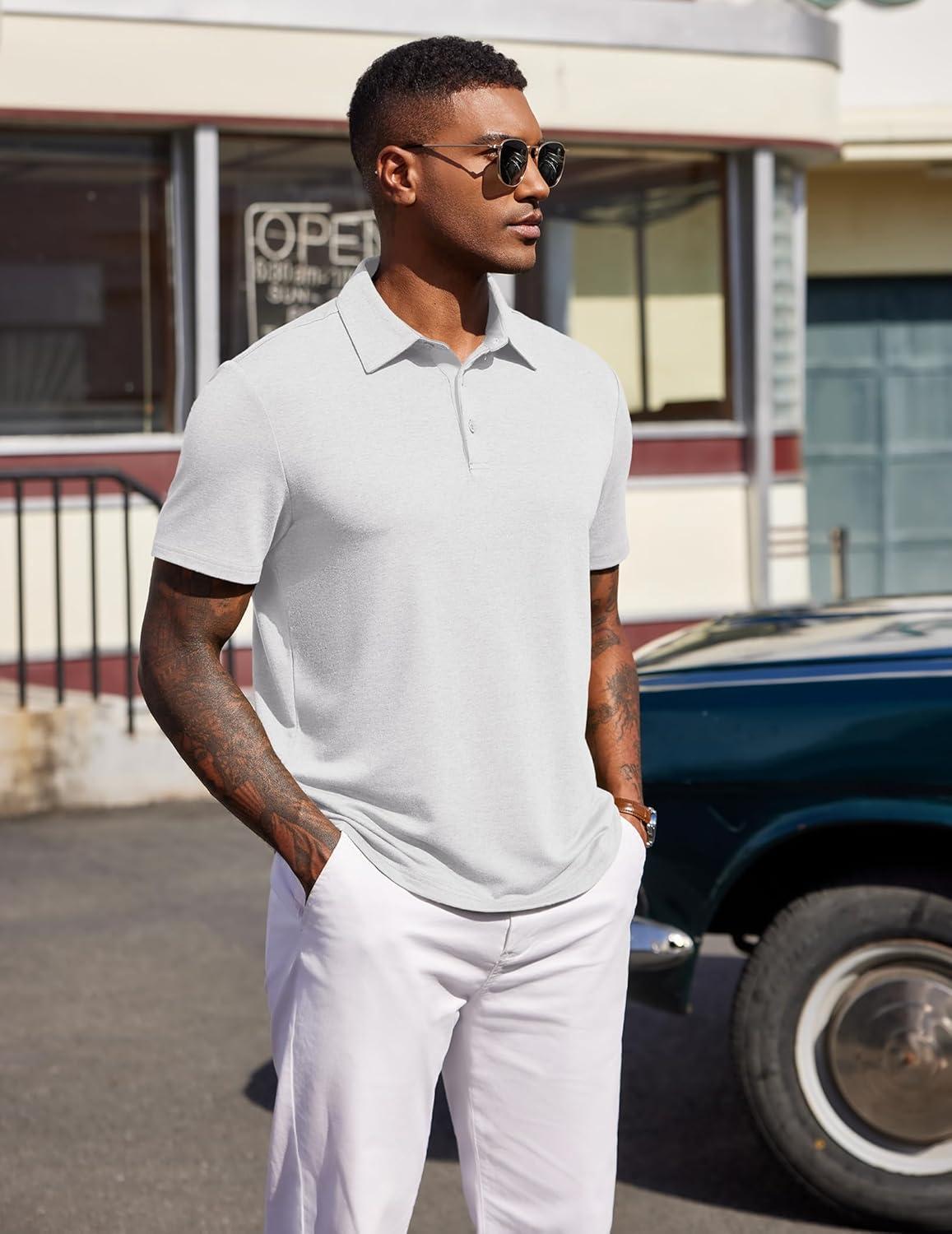 imageCOOFANDY Mens Polo Shirts Short Sleeve Casual Summer Polo Tee Classic Collared Golf Stylish TopsWhite