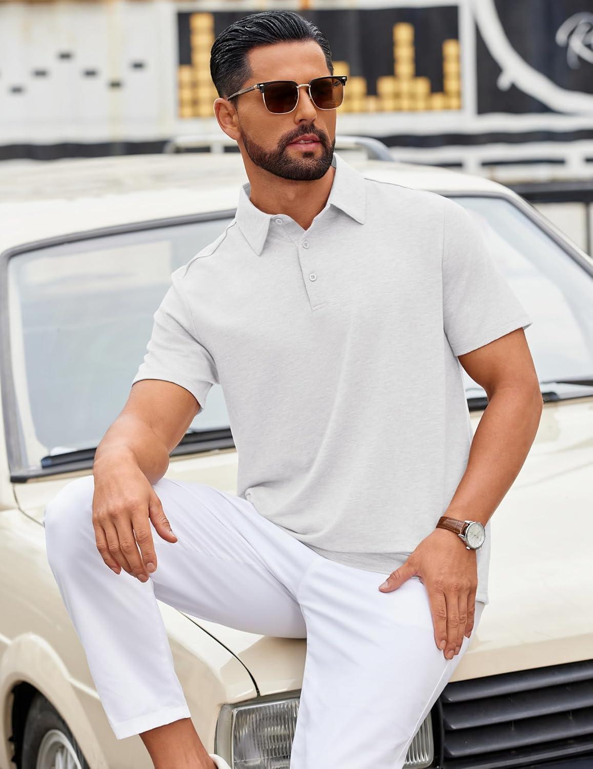 imageCOOFANDY Mens Polo Shirts Short Sleeve Casual Summer Polo Tee Classic Collared Golf Stylish TopsWhite