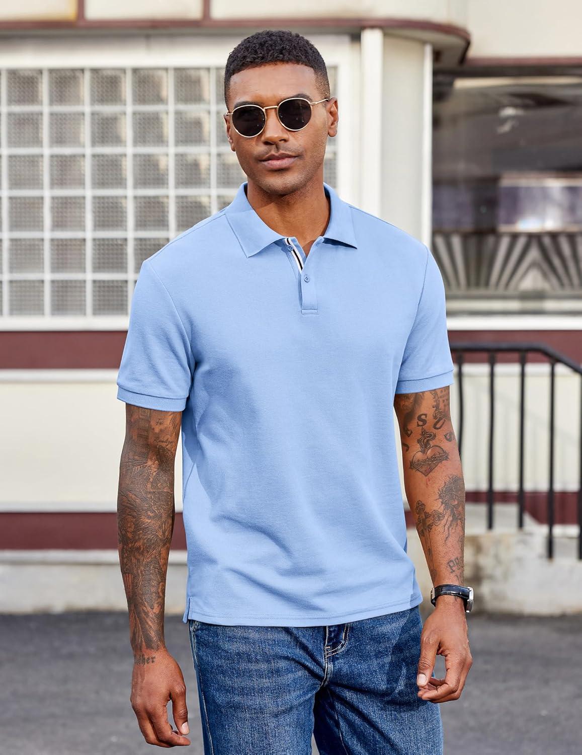 imageCOOFANDY Mens Polo Shirts Short Sleeve Cotton Pique Casual Button T Shirts Classic Fit Collared Golf ShirtsLight Blue