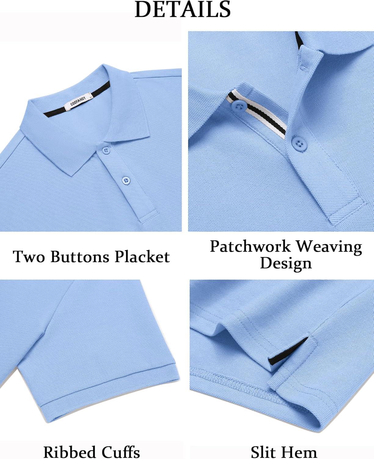 imageCOOFANDY Mens Polo Shirts Short Sleeve Cotton Pique Casual Button T Shirts Classic Fit Collared Golf ShirtsLight Blue
