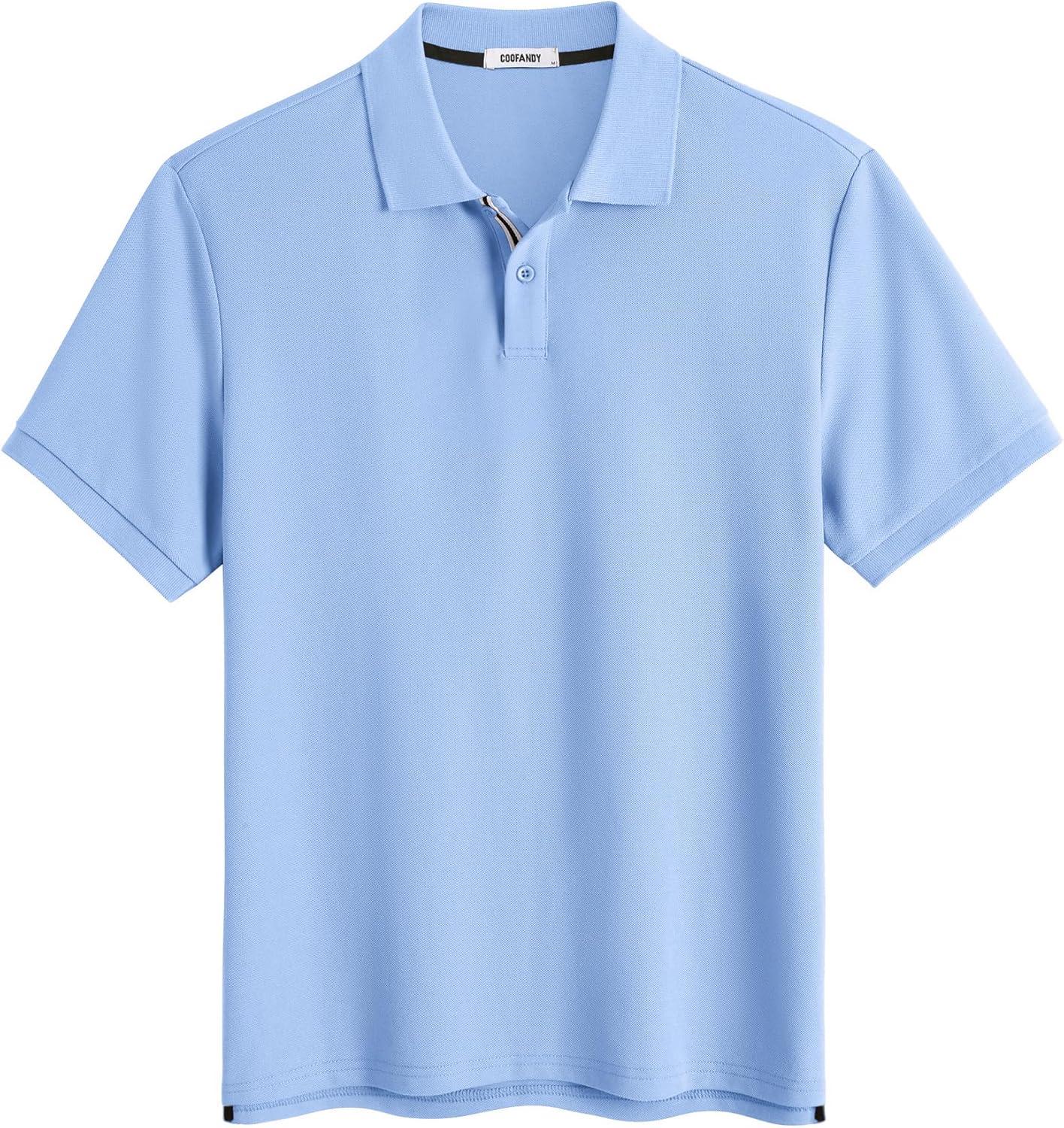 imageCOOFANDY Mens Polo Shirts Short Sleeve Cotton Pique Casual Button T Shirts Classic Fit Collared Golf ShirtsLight Blue