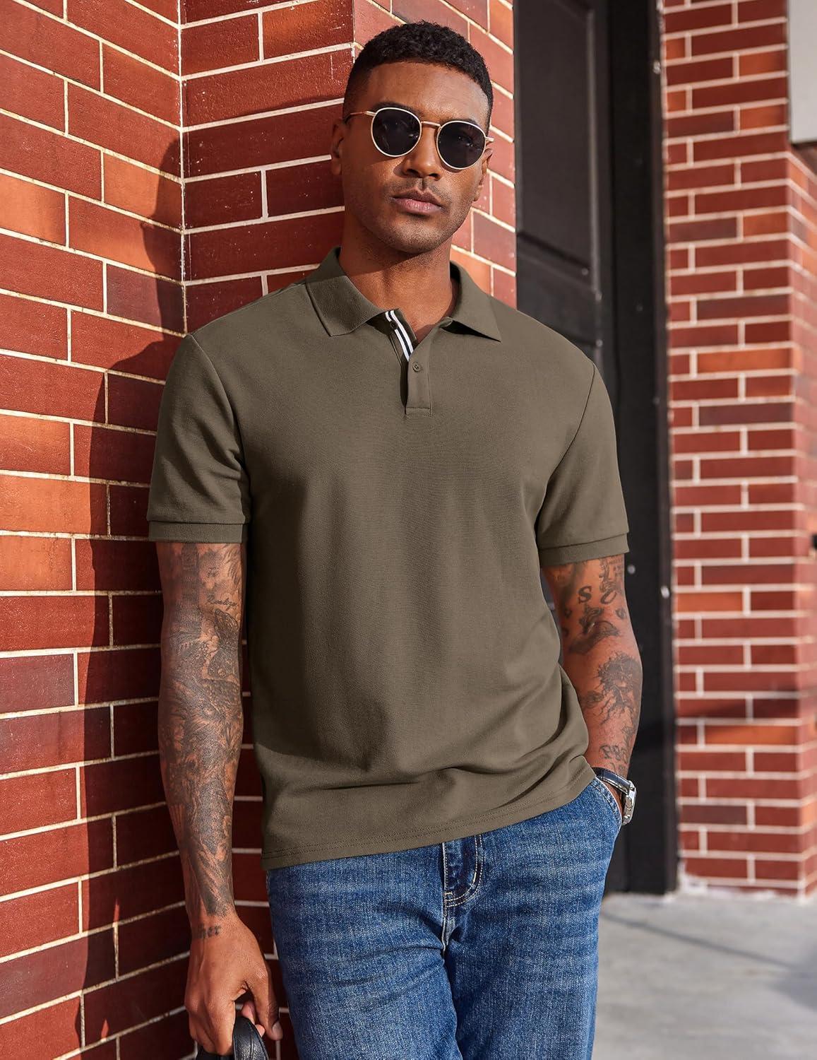 imageCOOFANDY Mens Polo Shirts Short Sleeve Cotton Pique Casual Button T Shirts Classic Fit Collared Golf ShirtsOlive Green