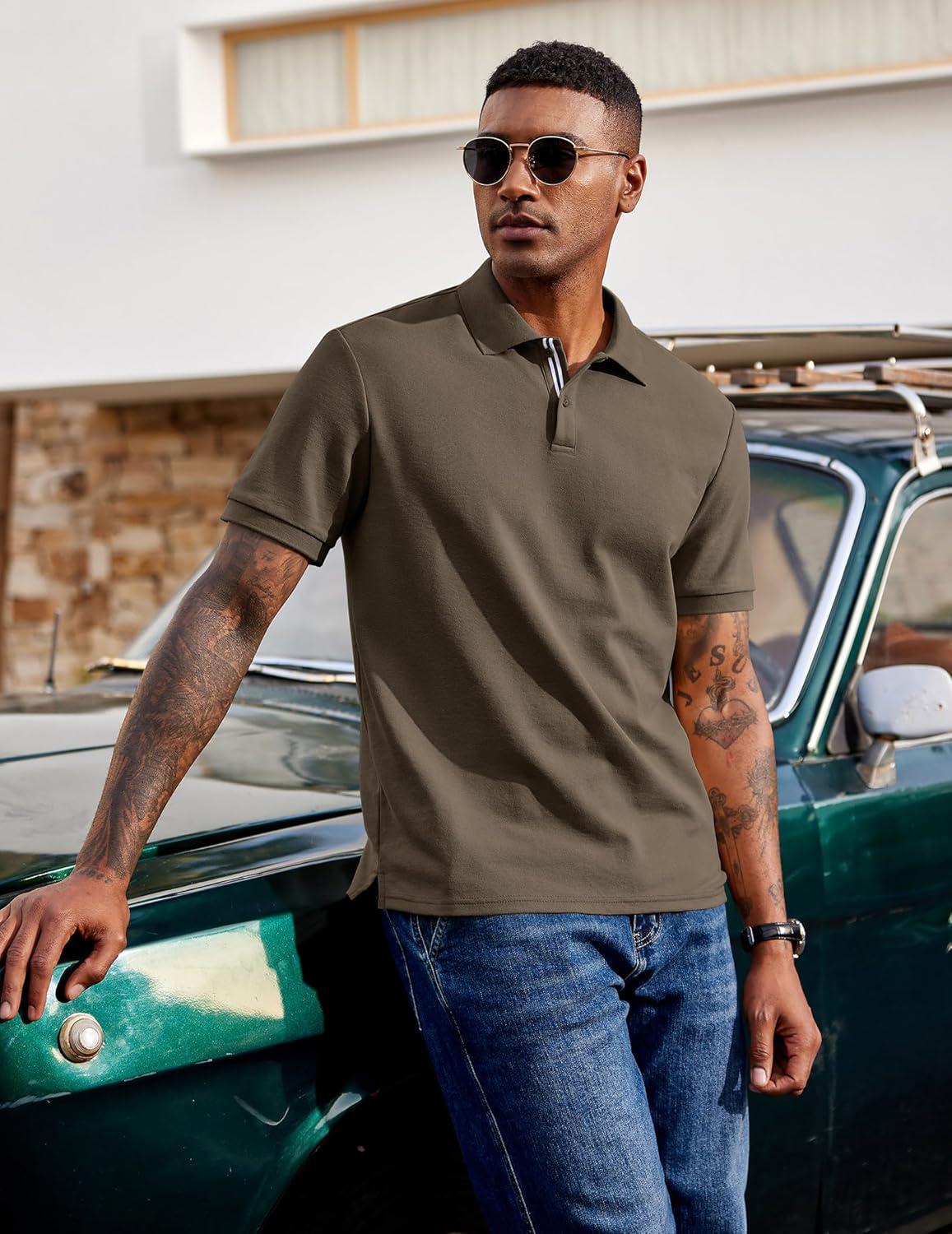imageCOOFANDY Mens Polo Shirts Short Sleeve Cotton Pique Casual Button T Shirts Classic Fit Collared Golf ShirtsOlive Green