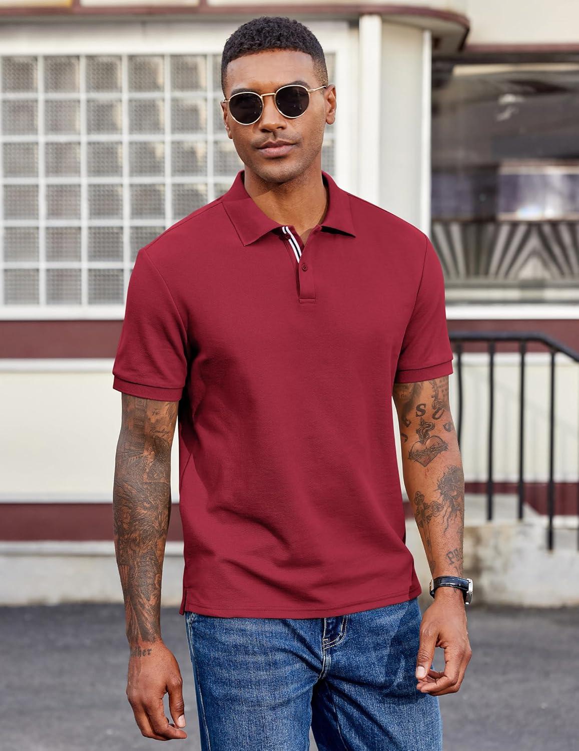 imageCOOFANDY Mens Polo Shirts Short Sleeve Cotton Pique Casual Button T Shirts Classic Fit Collared Golf ShirtsRed