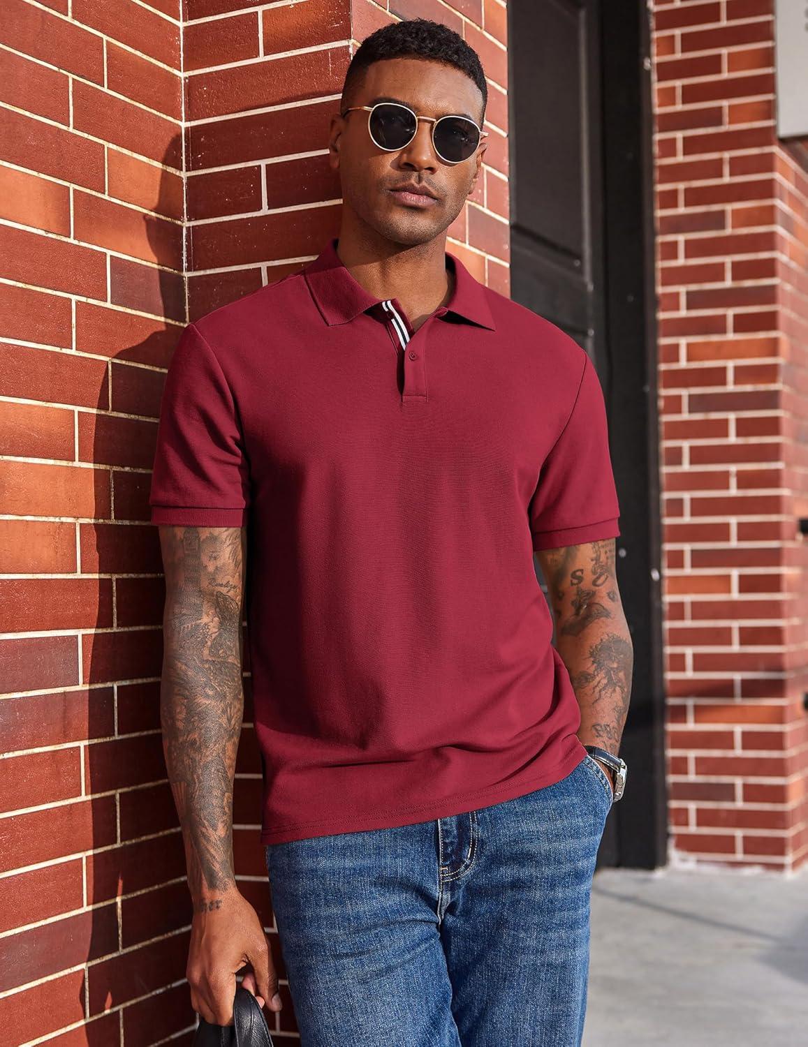 imageCOOFANDY Mens Polo Shirts Short Sleeve Cotton Pique Casual Button T Shirts Classic Fit Collared Golf ShirtsRed