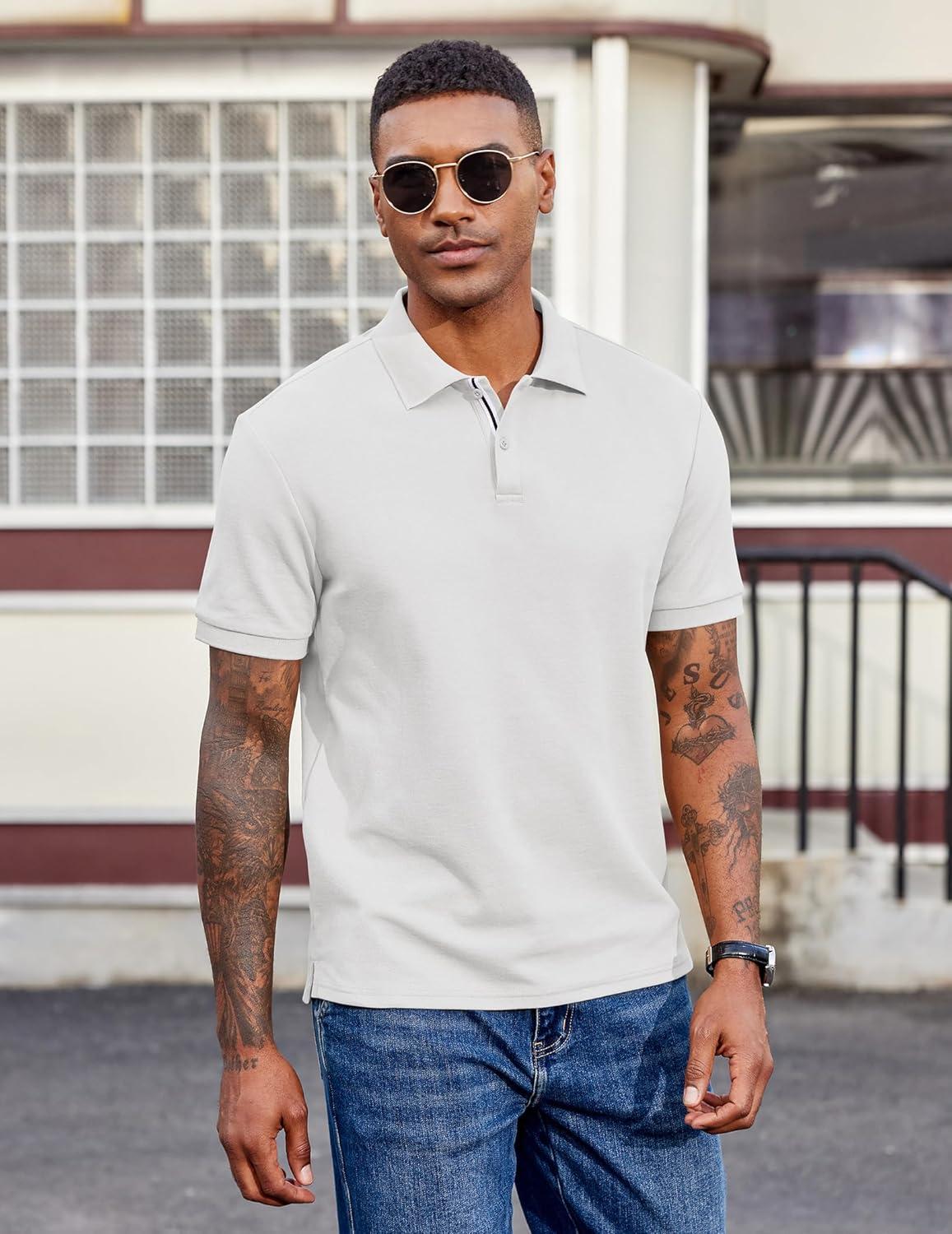 imageCOOFANDY Mens Polo Shirts Short Sleeve Cotton Pique Casual Button T Shirts Classic Fit Collared Golf ShirtsWhite