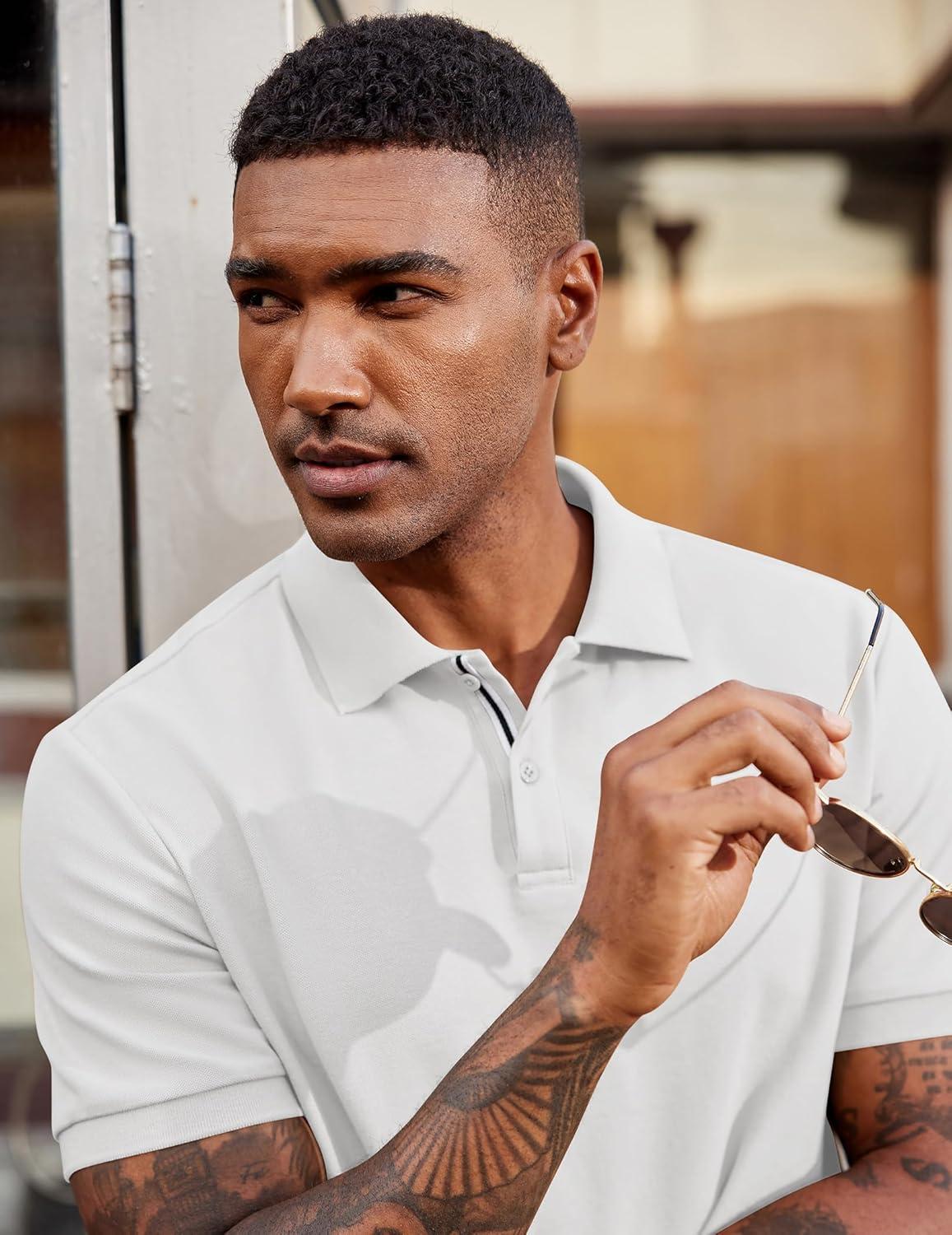 imageCOOFANDY Mens Polo Shirts Short Sleeve Cotton Pique Casual Button T Shirts Classic Fit Collared Golf ShirtsWhite
