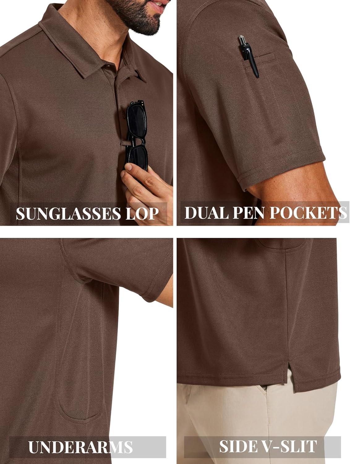 imageCOOFANDY Mens Polo Shirts Short Sleeve Quick Dry Performance Golf Polos Tactical Work Shirts with Pen PocketBrown