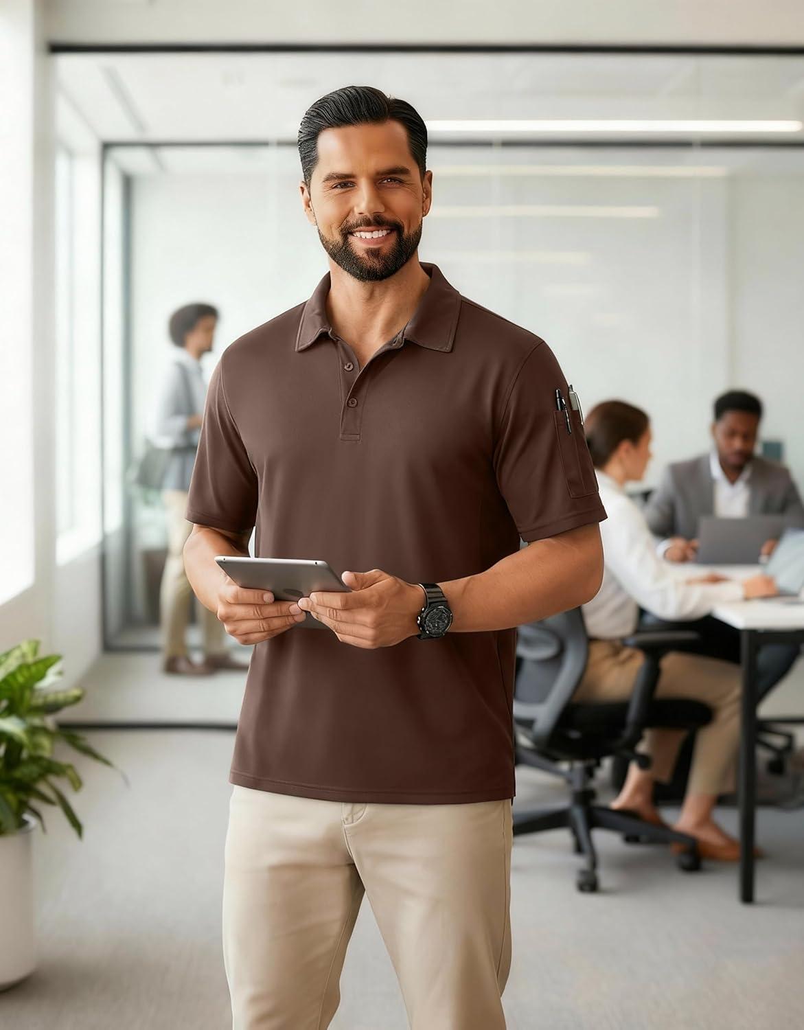 imageCOOFANDY Mens Polo Shirts Short Sleeve Quick Dry Performance Golf Polos Tactical Work Shirts with Pen PocketBrown