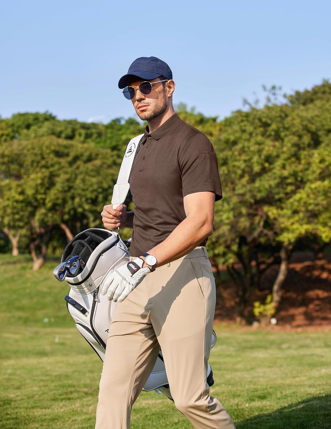 imageCOOFANDY Mens Polo Shirts Short Sleeve Quick Dry Performance Golf Polos Tactical Work Shirts with Pen PocketBrown