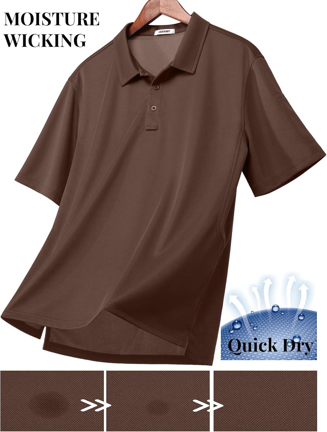 imageCOOFANDY Mens Polo Shirts Short Sleeve Quick Dry Performance Golf Polos Tactical Work Shirts with Pen PocketBrown